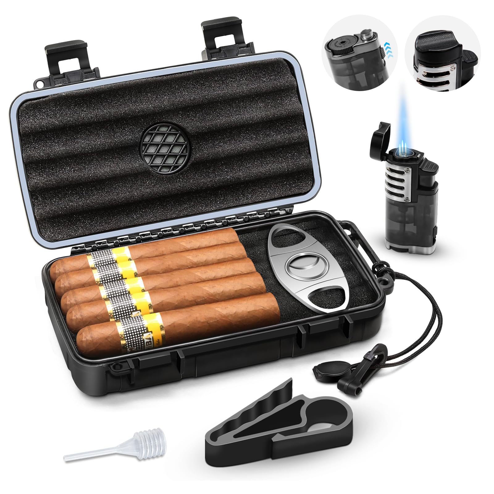 Flauno Travel Cigar Humidor - Portable Cigar Case kit with Cigar Lighter (Without Gas), Cigar Cutter, Cigar Holder, Humidifier & Dropper, Waterproof, Crushproof, Airtight Seal (Holds up to 5 Cigars)