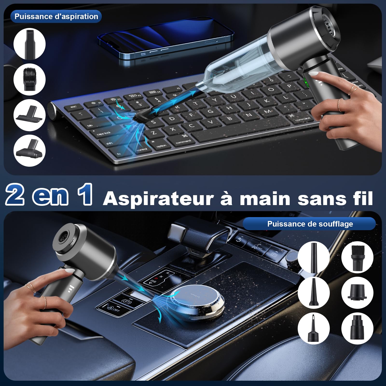 Aspirateur à Main 2 en 1 sans Fil, 28000 PA, aspirateur à Main Puissant, 3 Vitesses, 220000 TR/Min, Vaporisateur d'air comprimé pour Voiture, Cuisine, PC, canapé