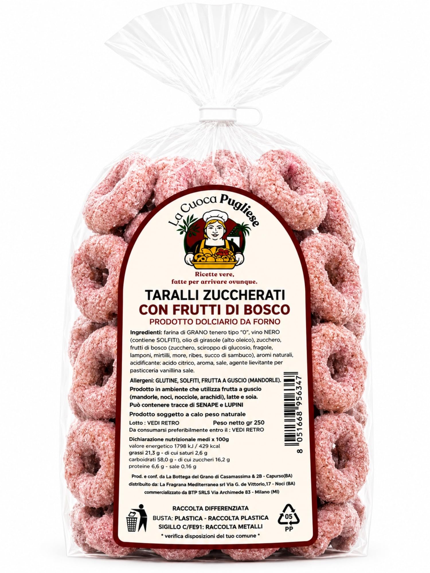La Cuoca Pugliese - Taralli Zuccherati ai Frutti di Bosco Friabili, taralli dolci artigianali pugliesi, con frutti di bosco e vino nero, 10 x 250 g, specialità pugliese