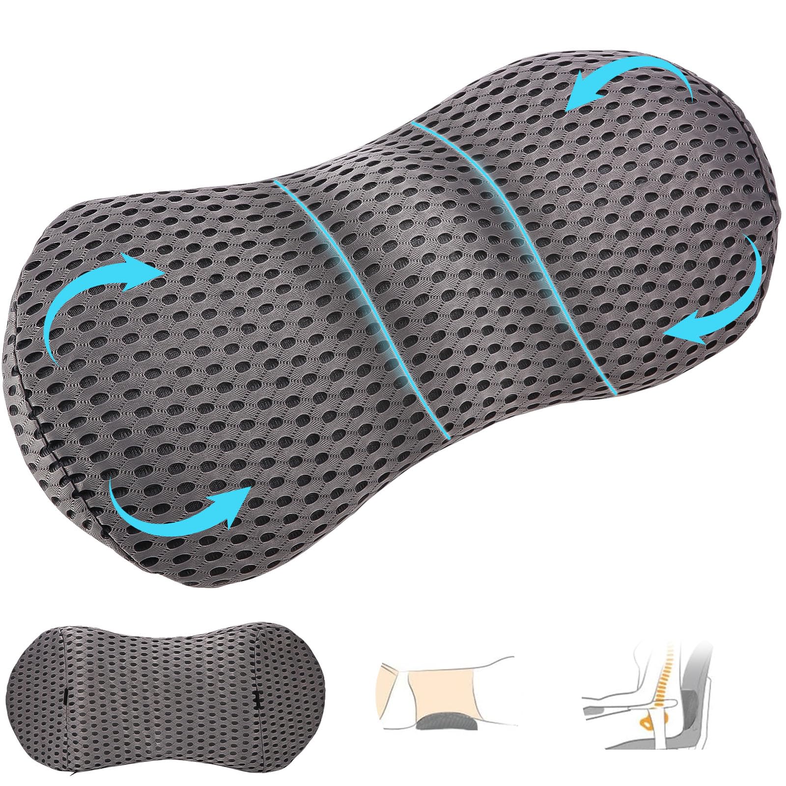 Zhufas Cojin Lumbar, Cojin Lumbar Coche, Cojín Lumbar Silla Oficina, Cojín Lumbar ergonómico de Espuma viscoelástica, Almohada Lumbars Ergonómico para Casa Dormir, Cojín Lumbars Cama (Gris)