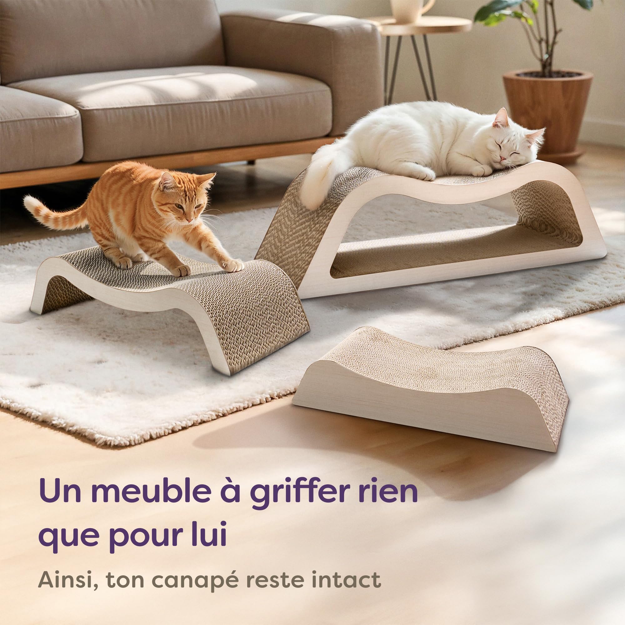 Knupis Griffoir Chat XXL 78 cm Blanc – 3 Pièces – Grattoir Chat en Carton | Tient jusqu'à 2 ans, matière très résistante, peu encombrant, protège canapé et meubles, motif nuage sobre