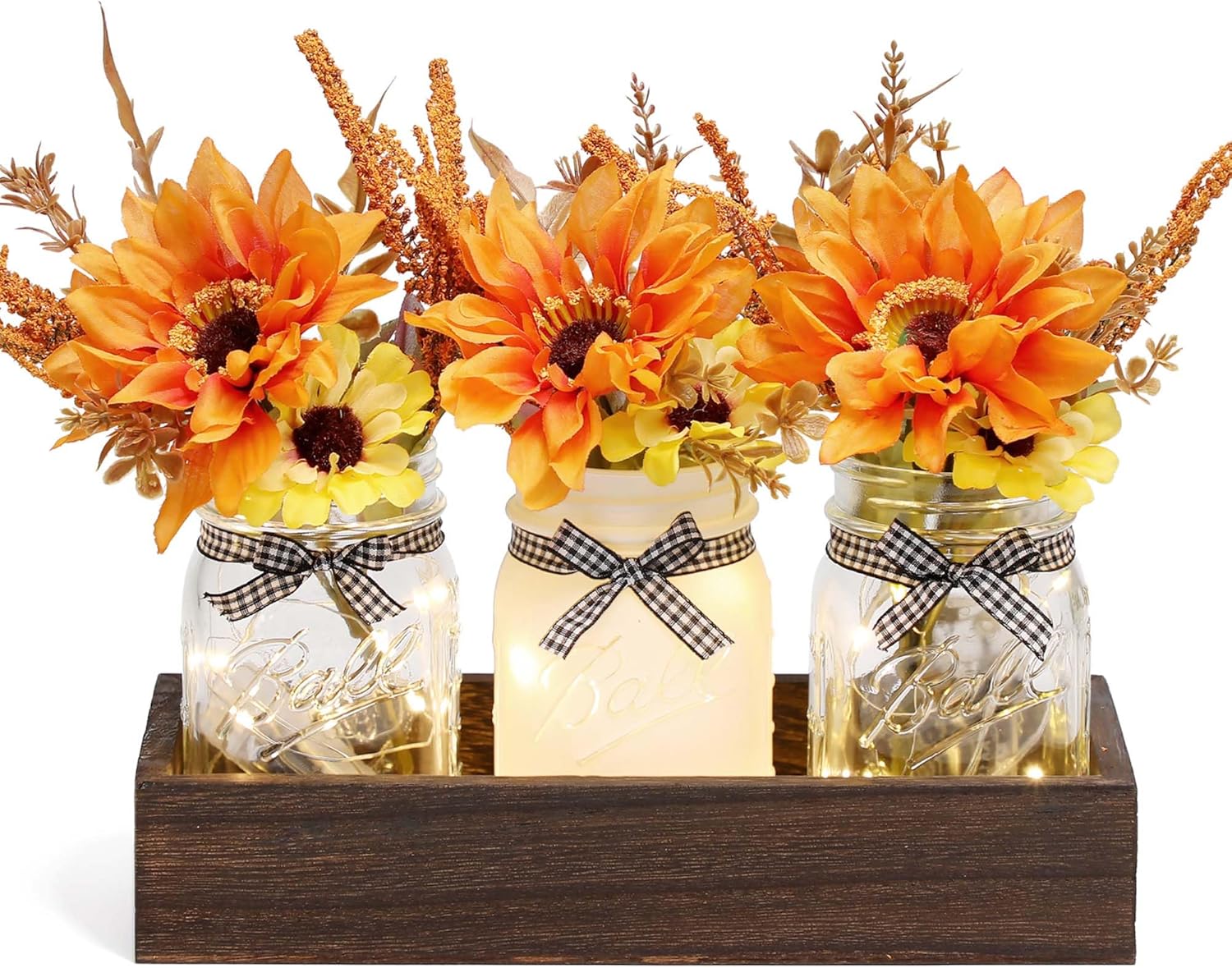 Fall Mason Jar Centerpiece for Table with Artificial Flowers, Set of 3 Thanksgiving Mason Jars Farmhouse Painted Decorative Jars for Thanksgiving Fall Home Decor, Thanksgiving Dinner Table Centerpiece