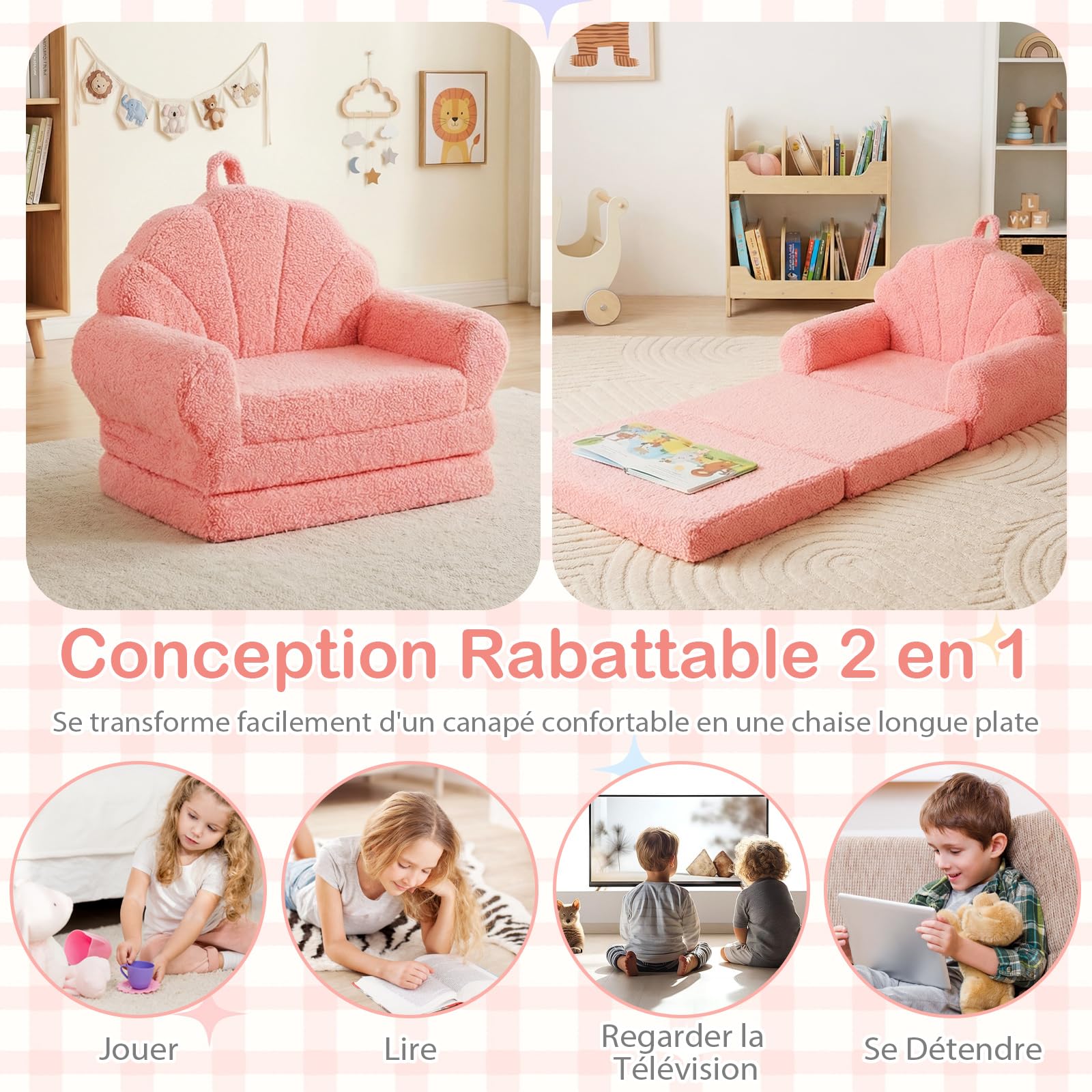 COSTWAY 2 en 1 Canapé-lit Enfant Pliable avec Motif Coquillage, Fauteuil Enfant Convertible en Polaire Teddy avec Housse Amovible & Lavable, Chauffeuse 1 Place pour Cadeau d'anniversaire Fête (Rose)