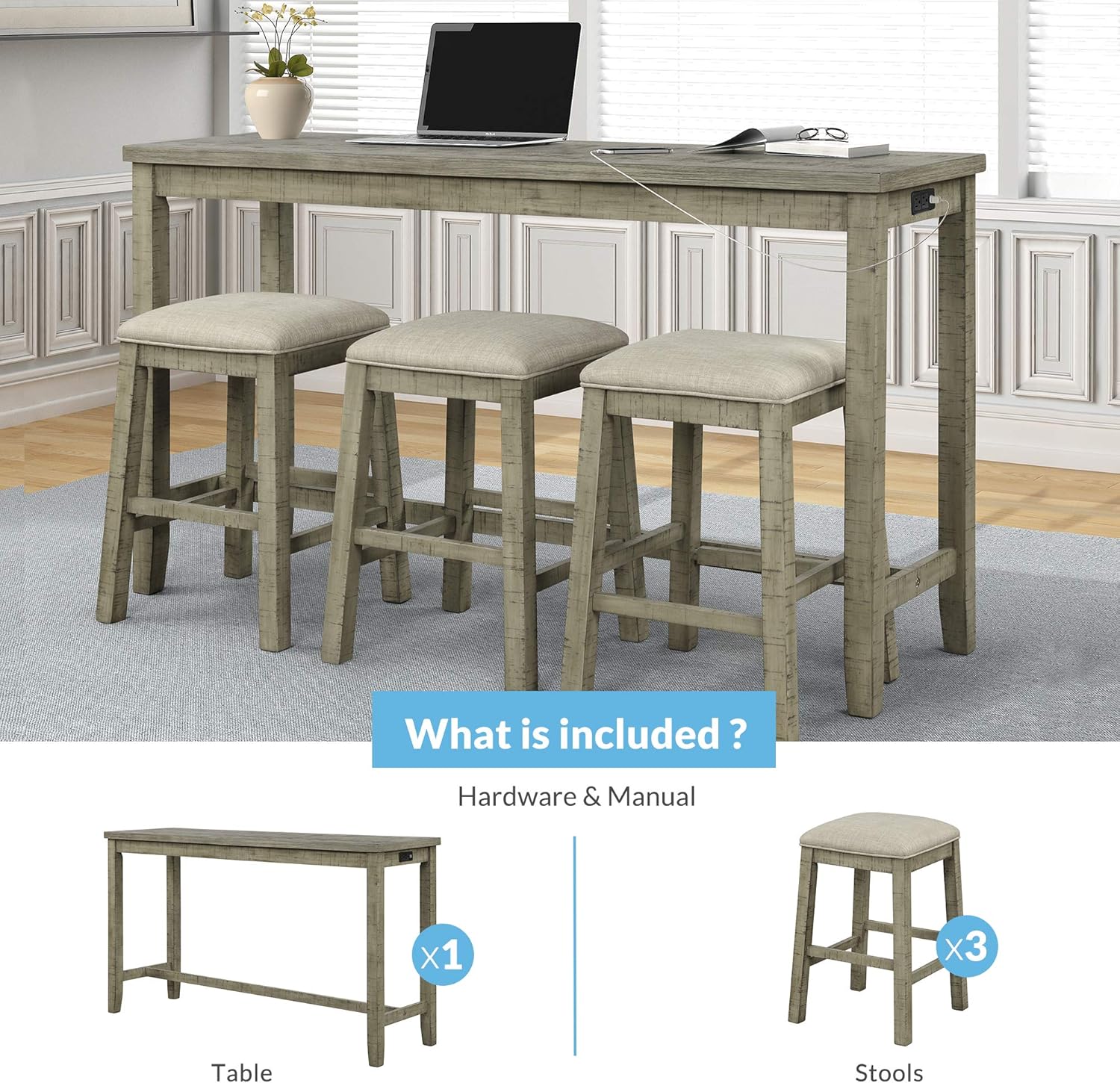 Rustic Green Counter Height Dining Set with Stools