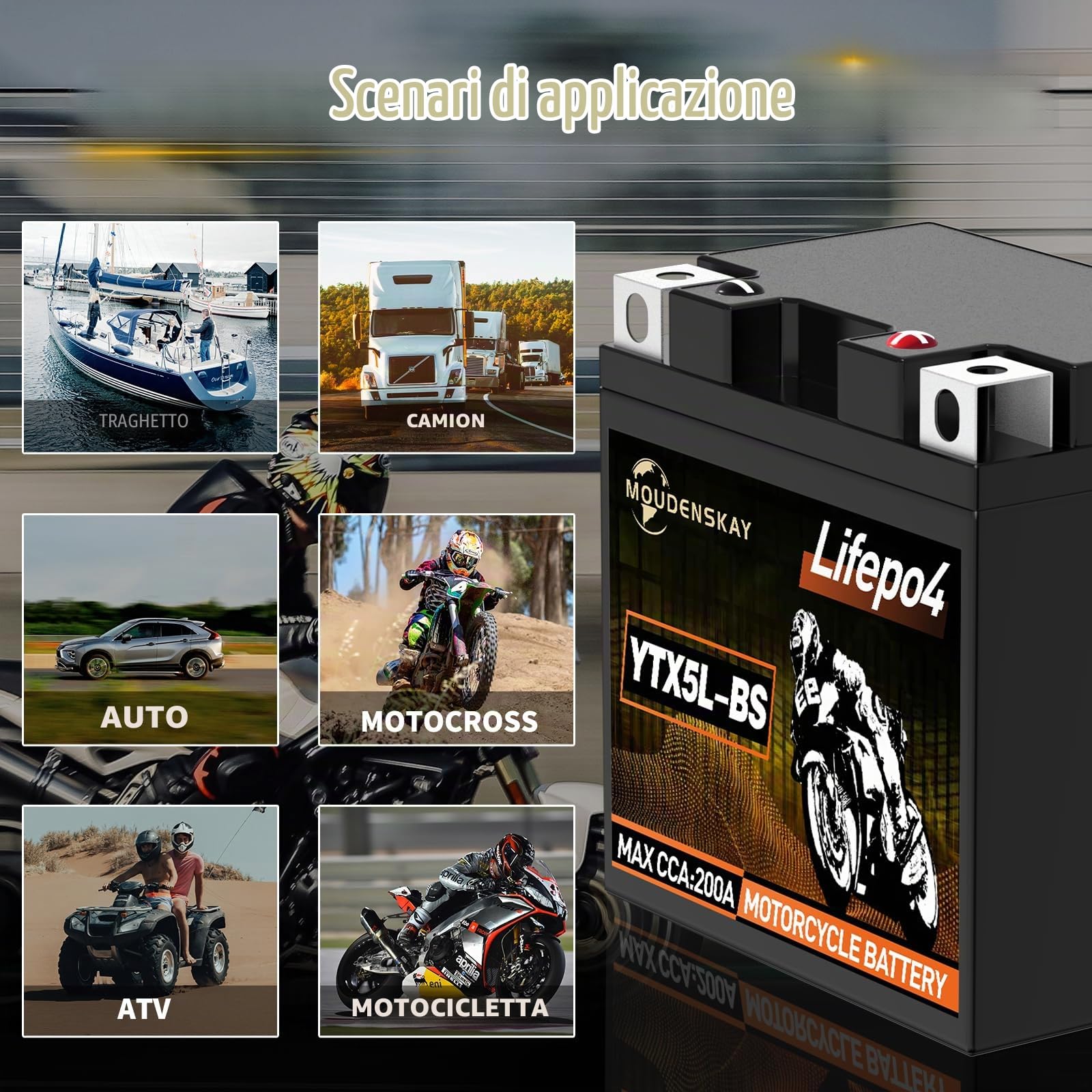 Batteria al Litio Per Moto 12V 2Ah YTX5L-BS litio moto | Batteria al litio Powersports con BMS, batteria per motocicli LiFePO4 200CCA per motocicli, ATV, UTV,moto d'acqua, ecc.