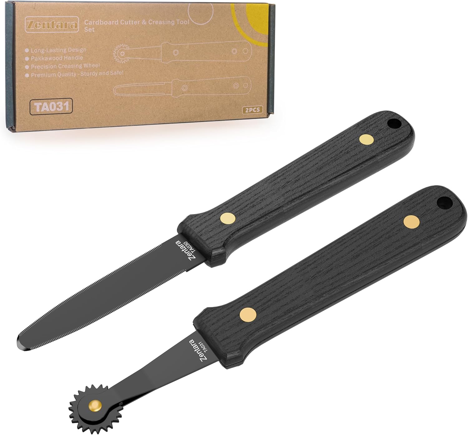 Zentara 2-Piece Cardboard Tool Set – Full-Tang Stainless Steel Cutting Knife & Creasing Wheel with Carbonized Wood Handles, Teflon Coating, Gift Box for DIY Crafts & Box Resizing