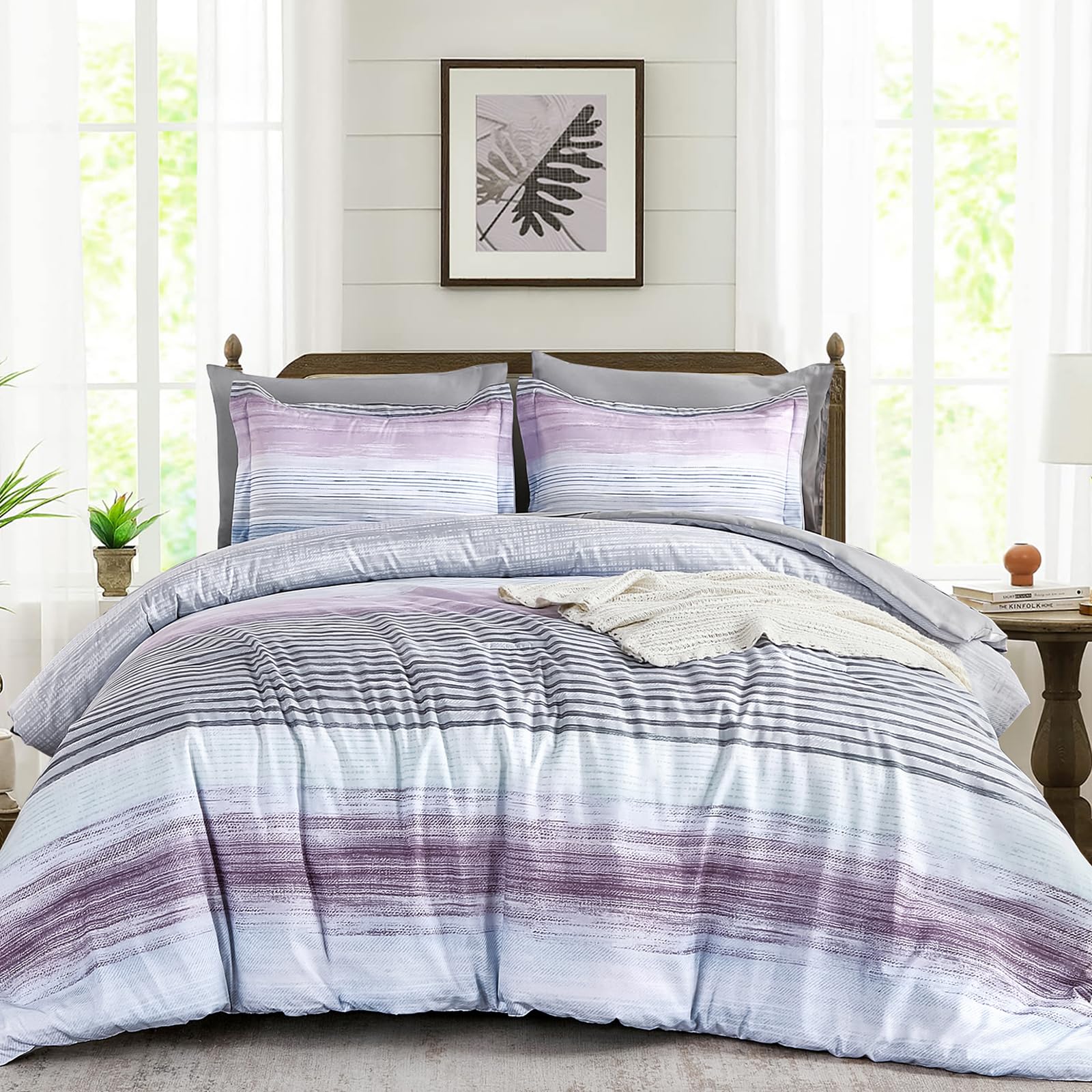 WONGS BEDDING King Comforter Set 7 Pieces, Purple Striped Comforter Bedding Set for All Season, Ultra Soft King Size Bed in a Bag with Sheets, Pillowcases & Shams