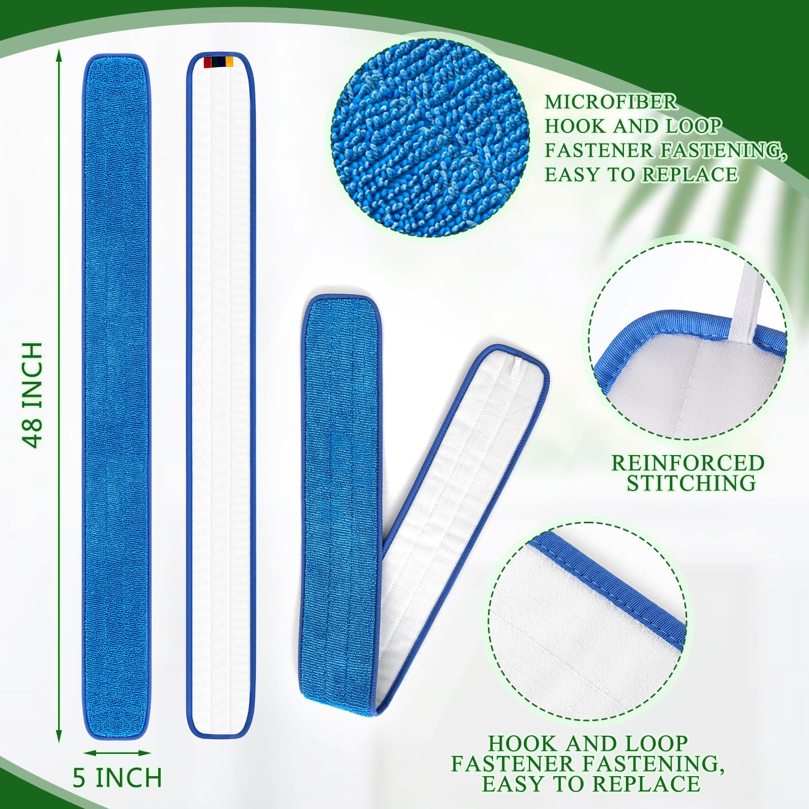 LOYIM 3 Pcs Large 48 Inch Commercial Replacement Microfiber Pads Reusable Wrestling Wet Mop Refill Pads for Flat Mop Frames Wet and Dry Use (Blue)