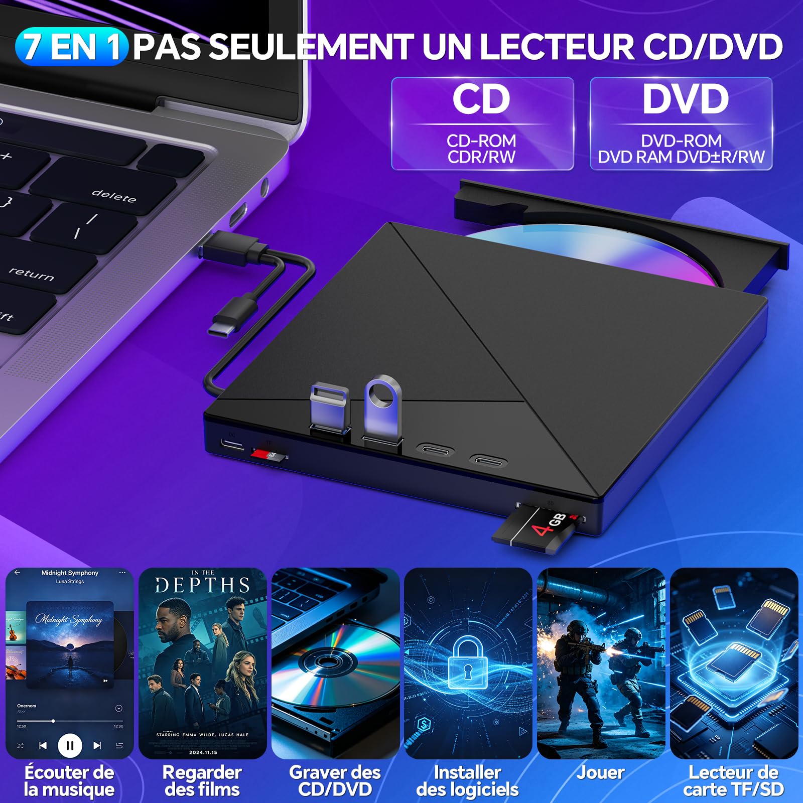Lecteur CD/DVD Externe pour PC, USB 3.0 Mince Portable Graveur Enregistreur et Type-C CD DVD +/-RW, avec Lecteur de Cartes SD TF, Compatible avec Windows 11/10/8/7,Linux, Mac et PC | Interface USB 3.0 et Type-C et lecteur de carte SD/TF et Hub USB Compati