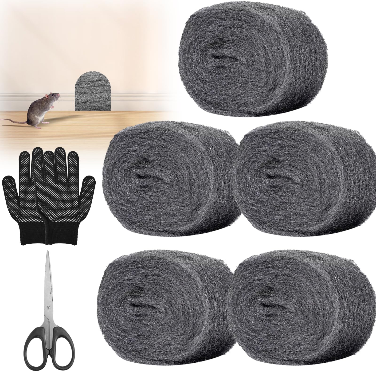2 Rouleaux Laine D’Acier Grade 0 – 100g Anti-Rongeurs + Gants & Ciseaux – Nettoyage, Polissage & Blocage Souris