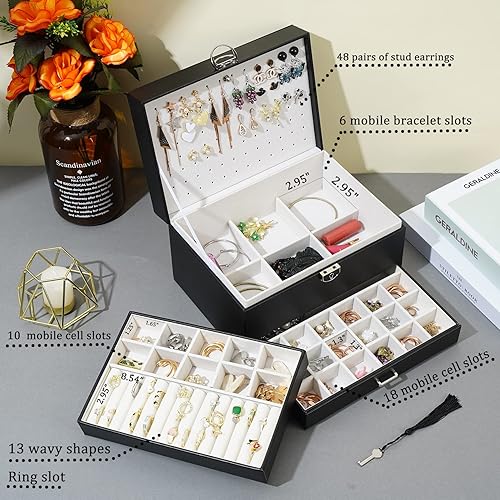 Miniatura 2 de BOOVO Joyero de aretes para mujer y niña, organizador de aretes de 5 capas, caja organizadora de joyas con cerradura para aretes, organizador de