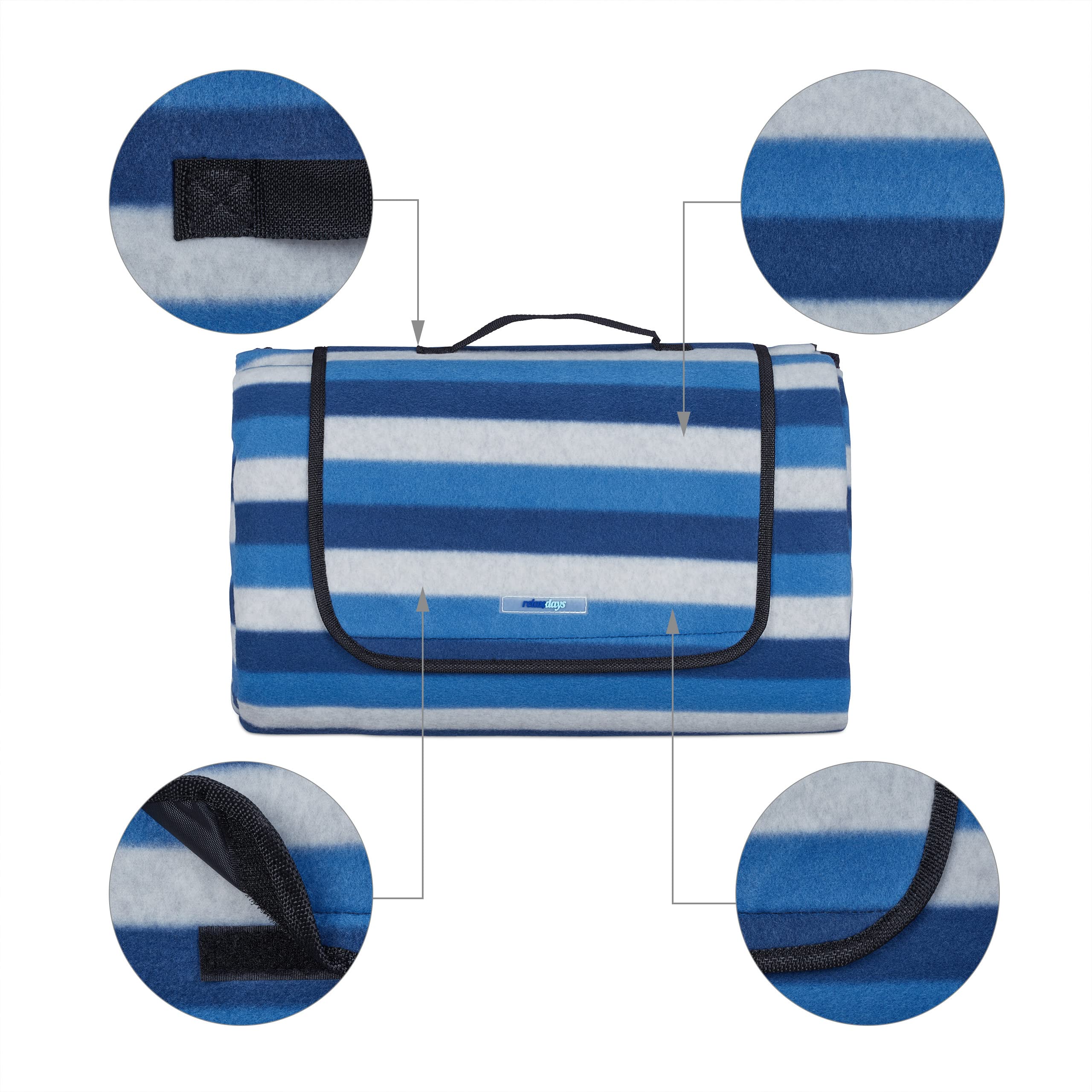 Relaxdays Coperta da Picnic XXL, 200 x 300 cm, Plaid Impermeabile da Spiaggia, Isolante, Telo con Manico, Bianco Blu