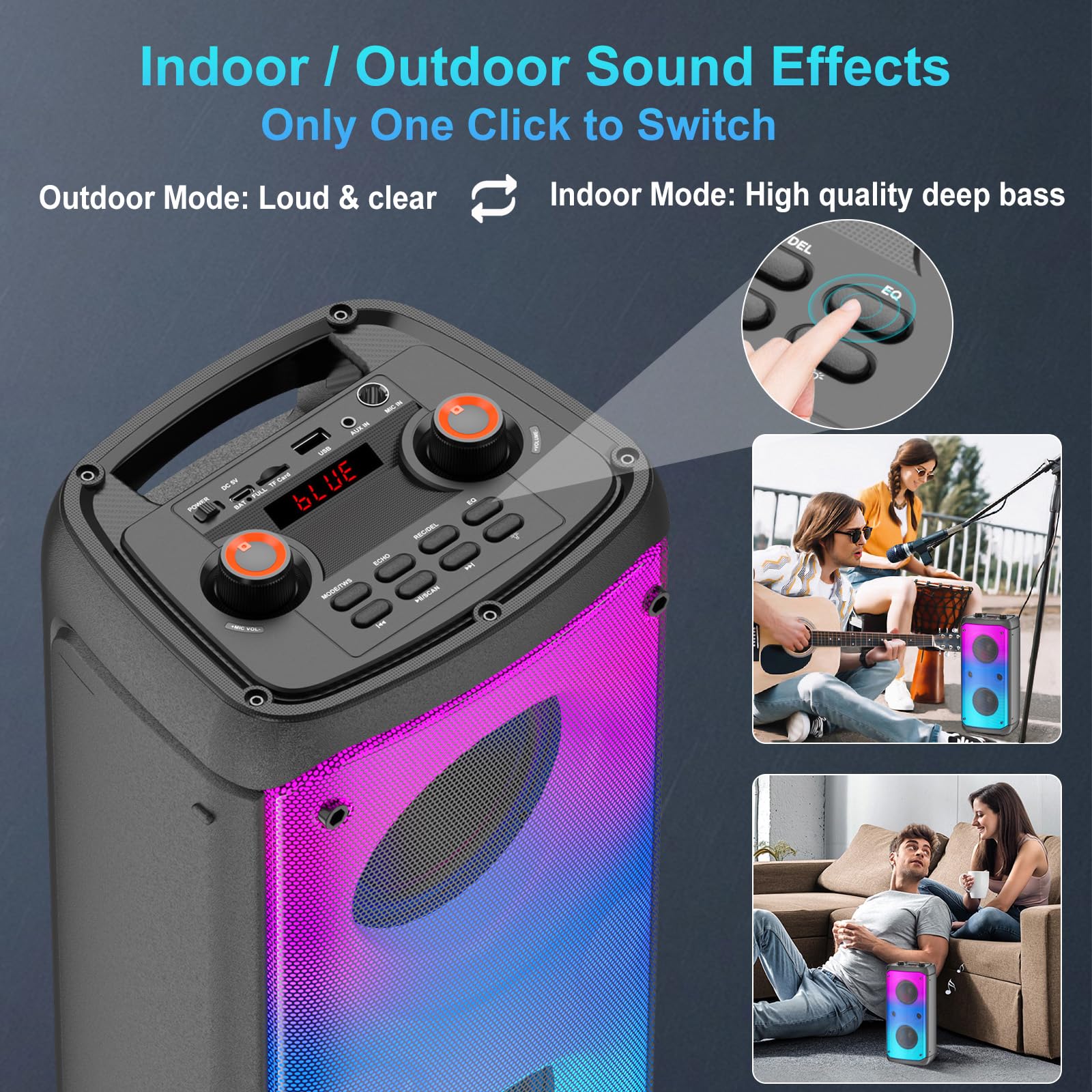 Altavoz Bluetooth, 80W Pico Inalámbrico TWS Altavoces Portátiles Fiestas Al Aire Libre con Subwoofer, Luces LED de Colores, Boombox Fuerte Sonido Estéreo con Micrófono para el Hogar, Camping, Viajes