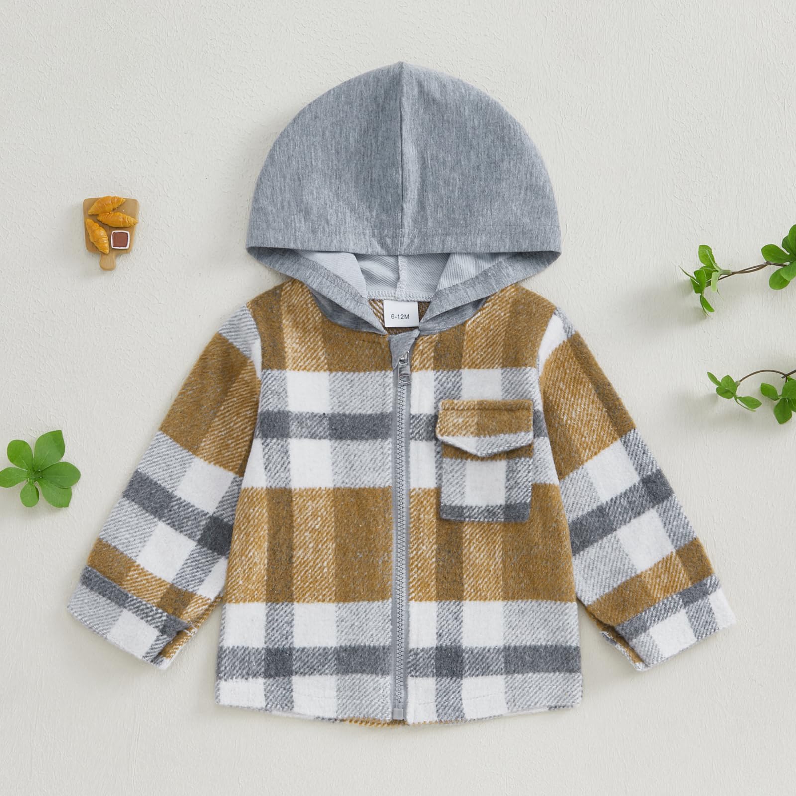 Douhoow Toddler Boys Jackets Baby Flannel Hoodies Boy Girl Zip Up Plaid Hooded Shirts Baby Fall Winter Festival Outfits (Brown, 6-12 Months)