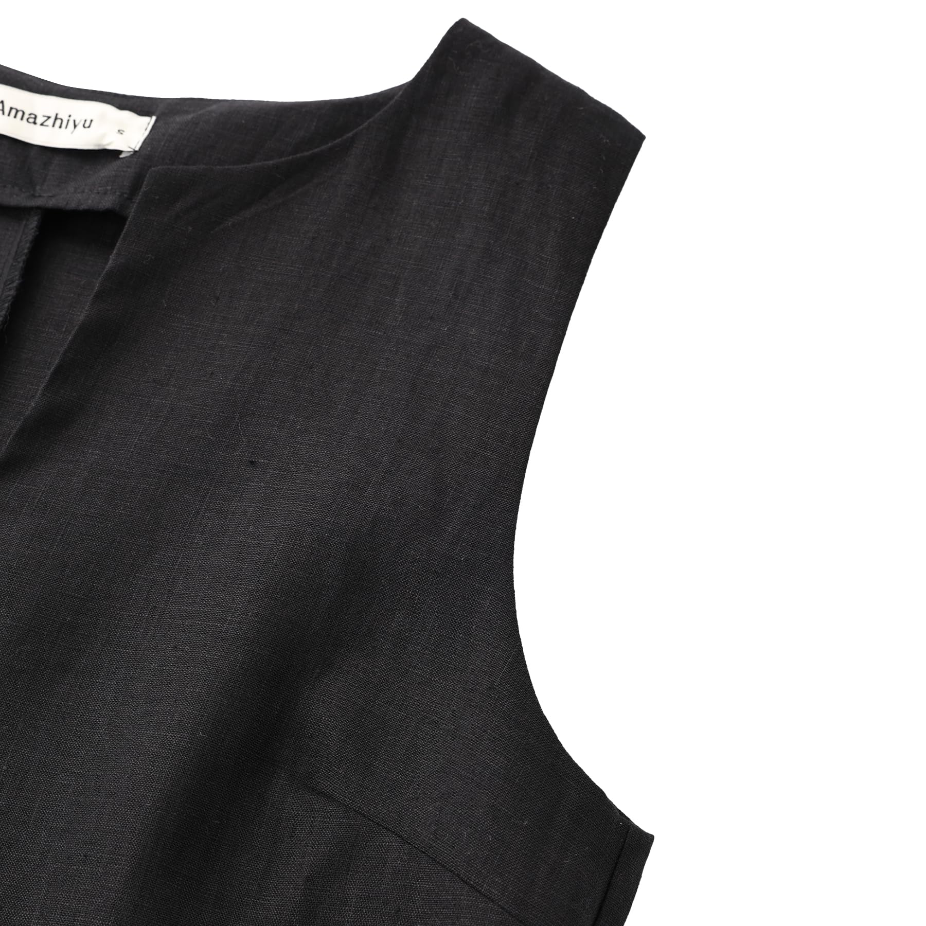 Amazhiyu Robe d'été en lin pour femme - Sans manches - Robe midi - Longueur genou - Coupe trapèze - Col en V - Robe pour femme - Robe de plage - Loisirs
