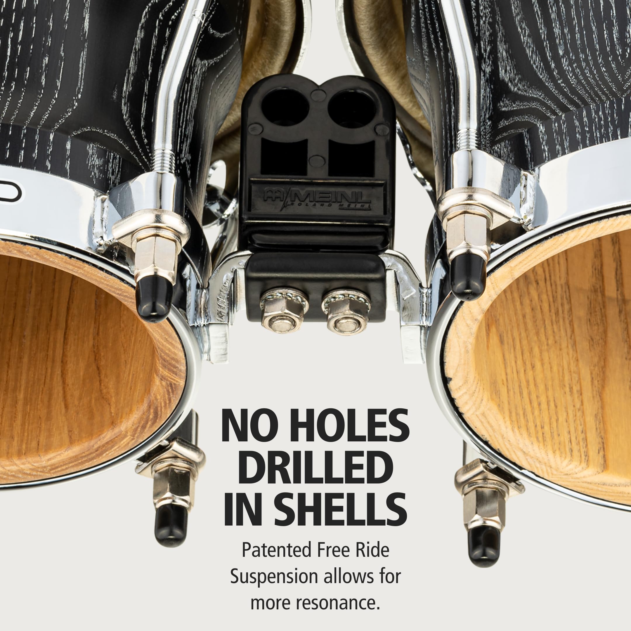Bongos profesionales Meinl con cáscaras de ceniza blanca americana y herrajes cromados, acabado negro vintage – no fabricado en China – sistema de suspensión de paseo (WB400VBK-M)