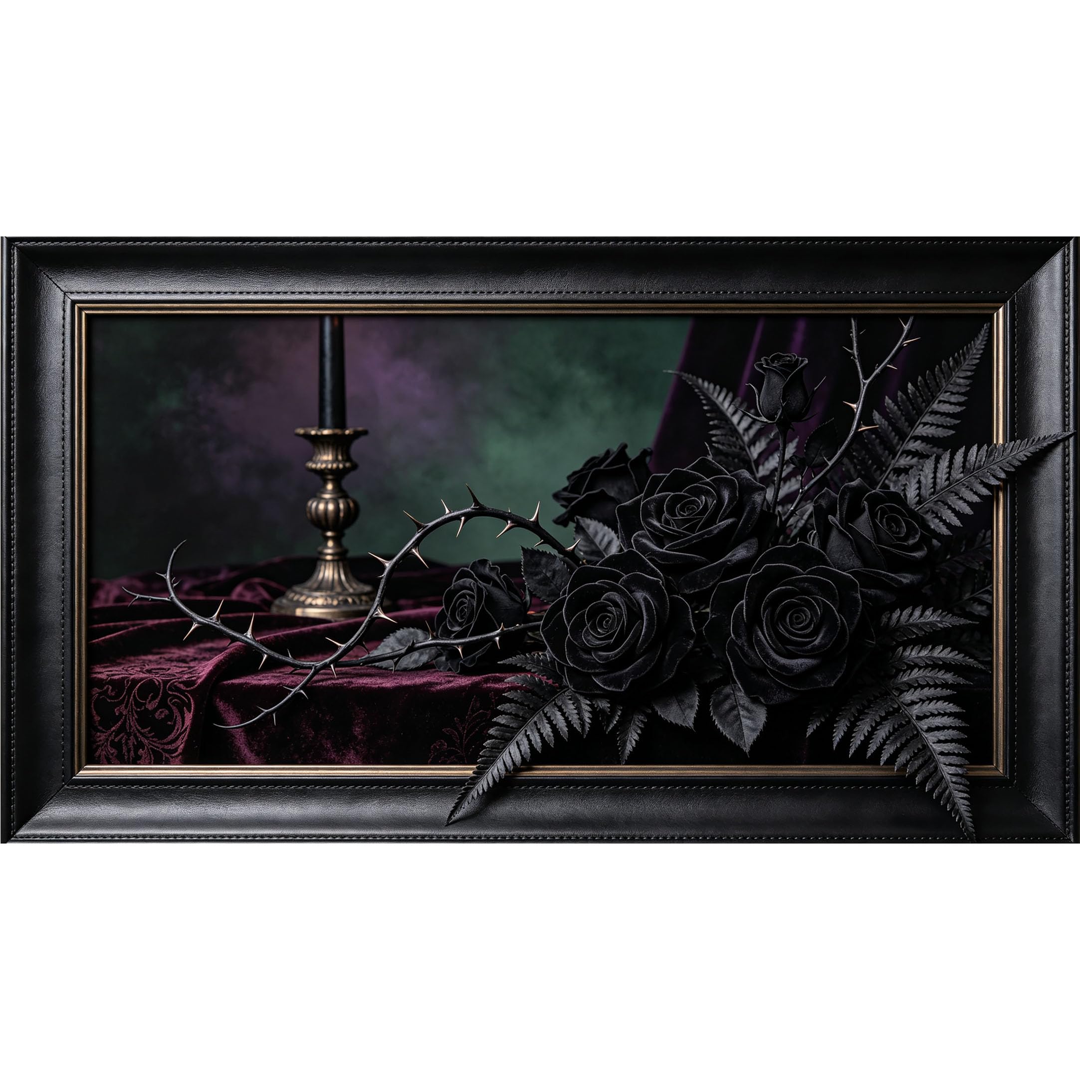 QZLITHOTIC 50x90cm3D Framed Wall Art， Gothic Black Rose Bouquet Still Life Self‑Adhesive Mural， Water‑Activated Peel & Stick Fabric Decor Wall Decal for Bedroom Living Room