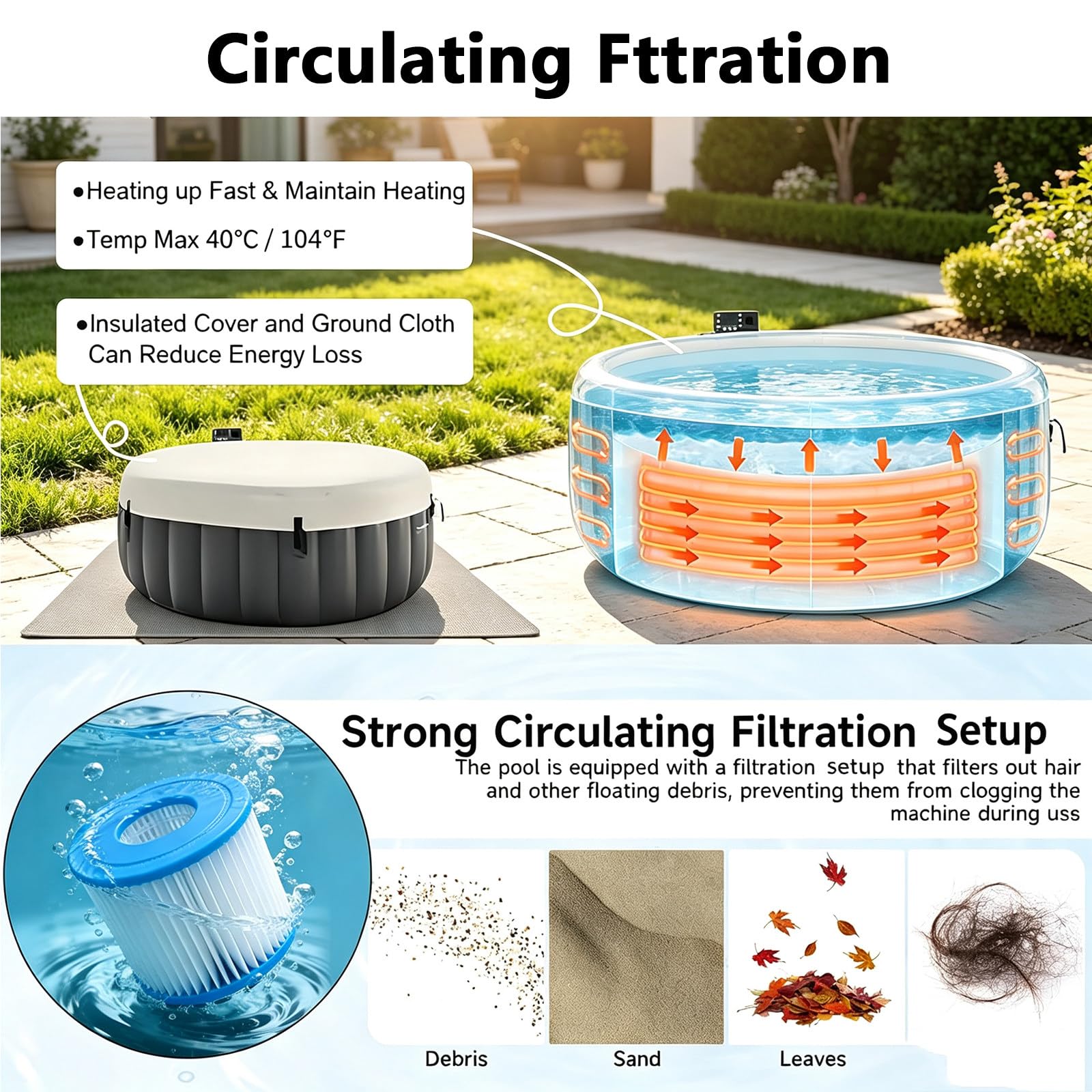 Vasca Idromassaggio Gonfiabile per 2-6 Persone con 180 Getti Bolle,Set per Spa Portatile da Esterno con Riscaldatore,Pompa,Filtro E Copertura Isolata,per Patio,Giardino,Esterno 81x28in