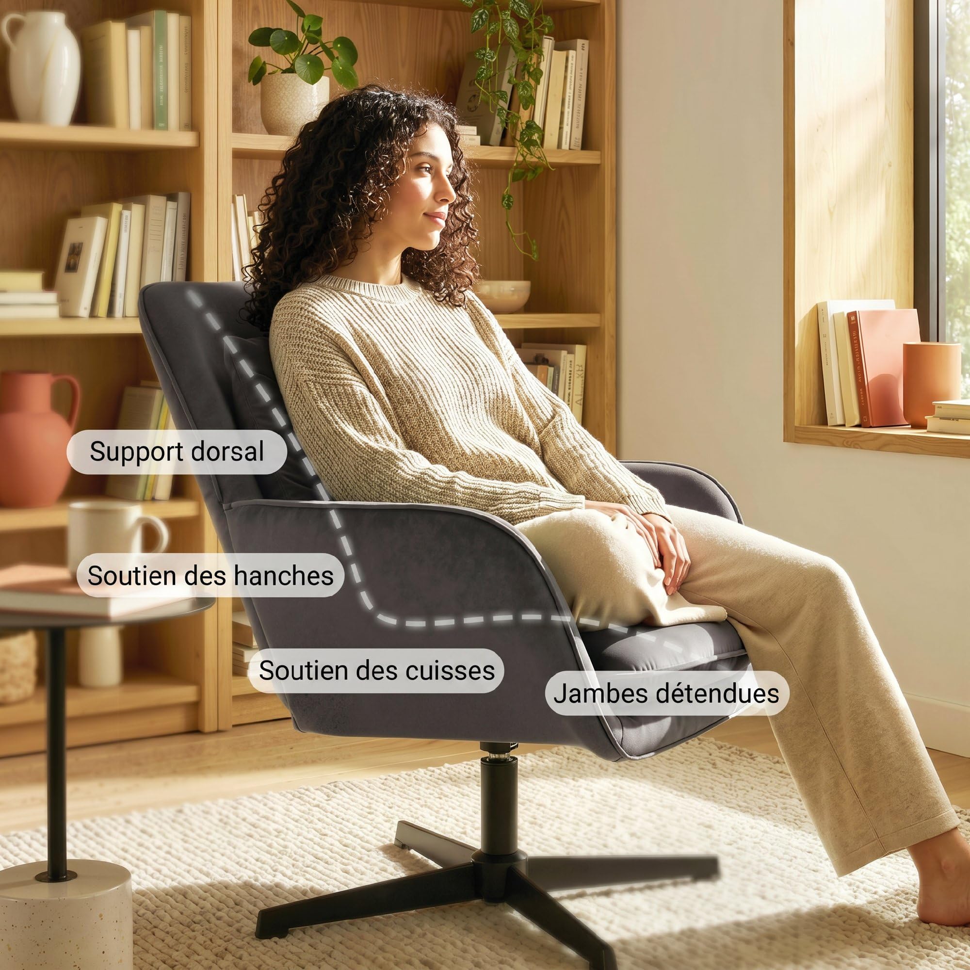 HOMCOM Sillón Giratorio de Terciopelo Asiento Ancho Gris Oscuro | Silla de acento, cojín, marco de metal, para sala de estar, dormitorio, rincón de lectura