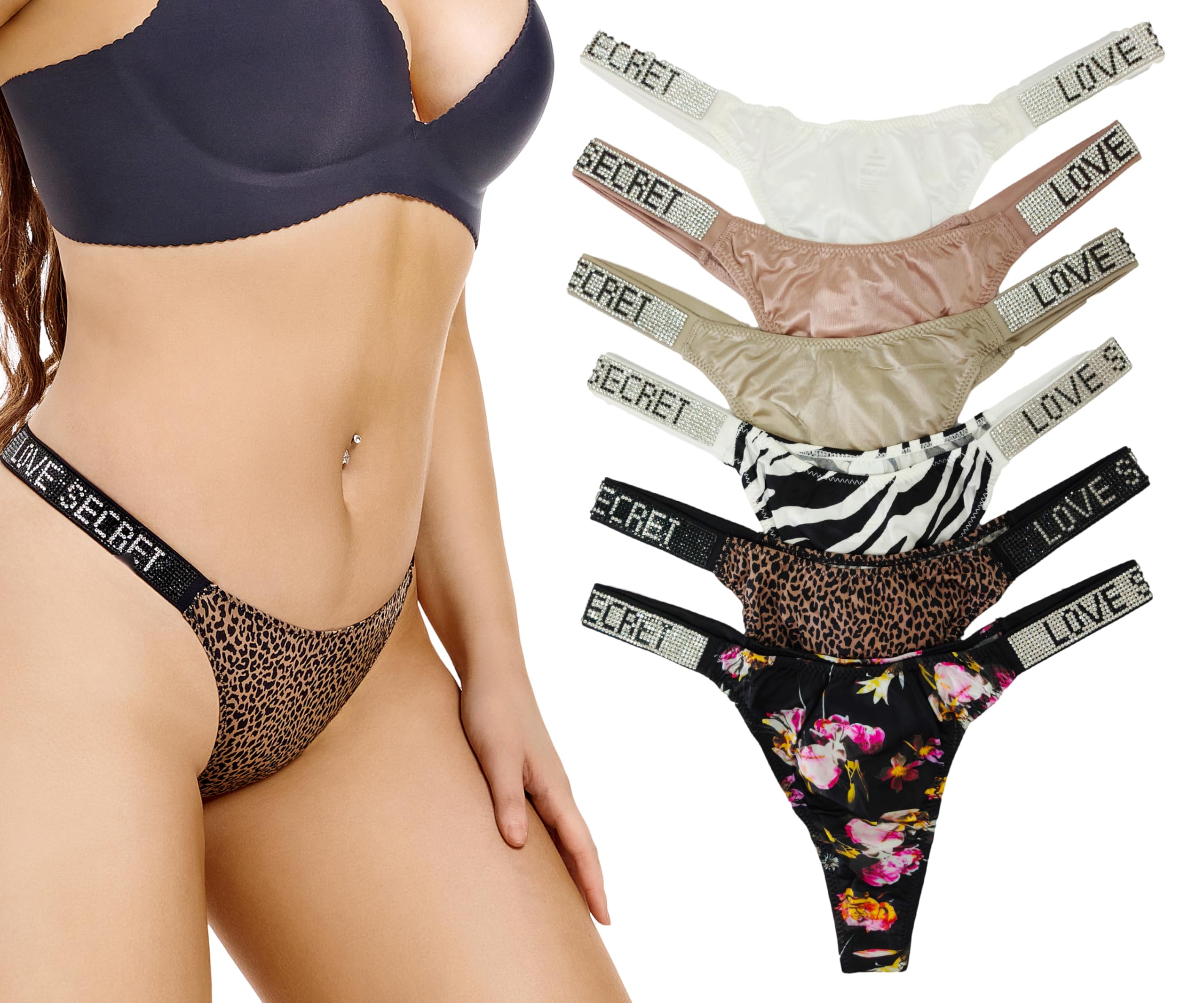 VECOFO Sexy Thongs with Low Rise and Rhinestone Strap Comfortable Thongs for Women Stretchy underwear 6 Pack