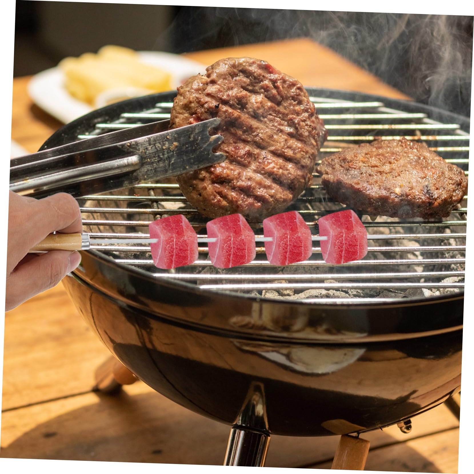Spiedini da Barbecue in Acciaio Inox e Legno 50 Pezzi | Punta Piatta e Tonda, Impugnatura Comoda Antiscivolo, per Grigliate e Cottura ad Alte Temperature