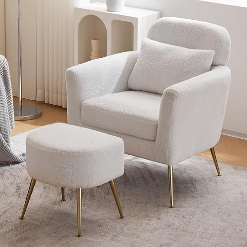 Juego de silla decorativa y otomana, silla de barril moderna de mediados de siglo, sofá individual con patas de metal dorado, cómodo sillón y