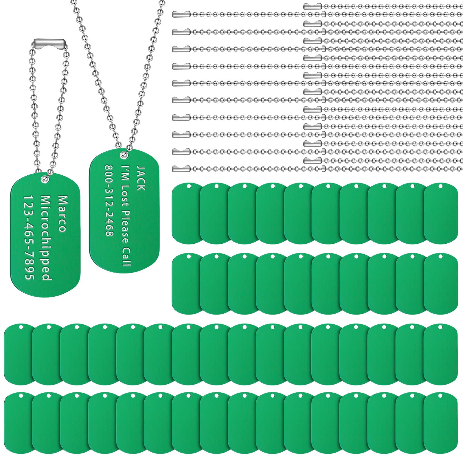 Yinkin Juego de 200 placas de identificación para perro, 100 etiquetas de identificación de perro, 100 cadenas de acero, color verde
