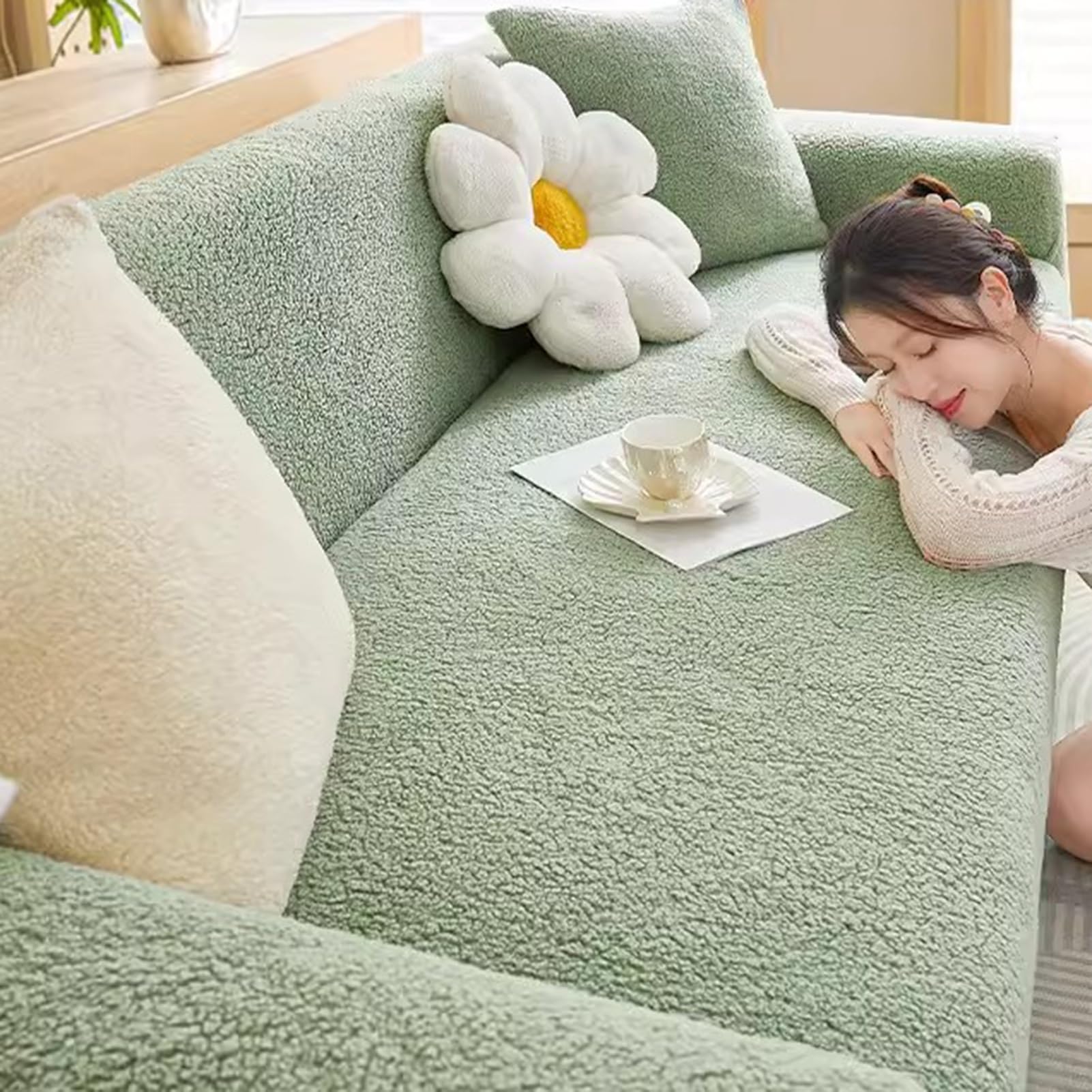 Housse de canapé anti-fourrure et peluches, textile élastique vert pour fauteuil 1 place