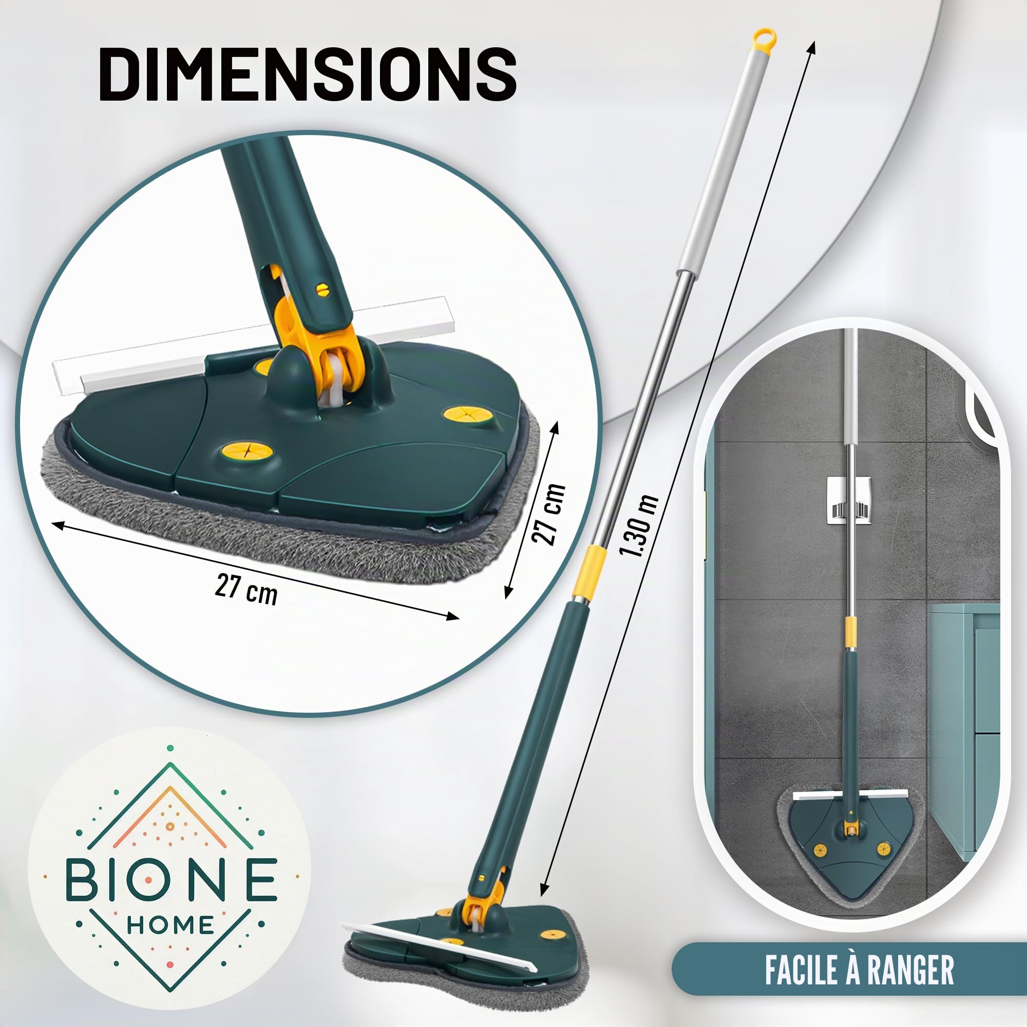 Bione Serpillère triangulaire auto-essorante avec 6 serpillières et raquette de nettoyage de vitres - Serpillère auto-essorante rotative à 360 °