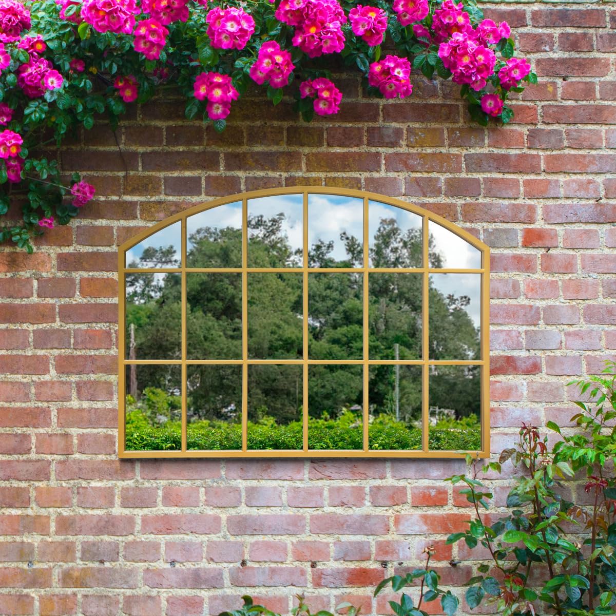 MirrorOutlet The Arcus - Gold Framed Modern Arched Garden Wall Window Mirror 35" X 26" (90CM X 65CM) Silver Mirror Glass with Black All weather Backing.…