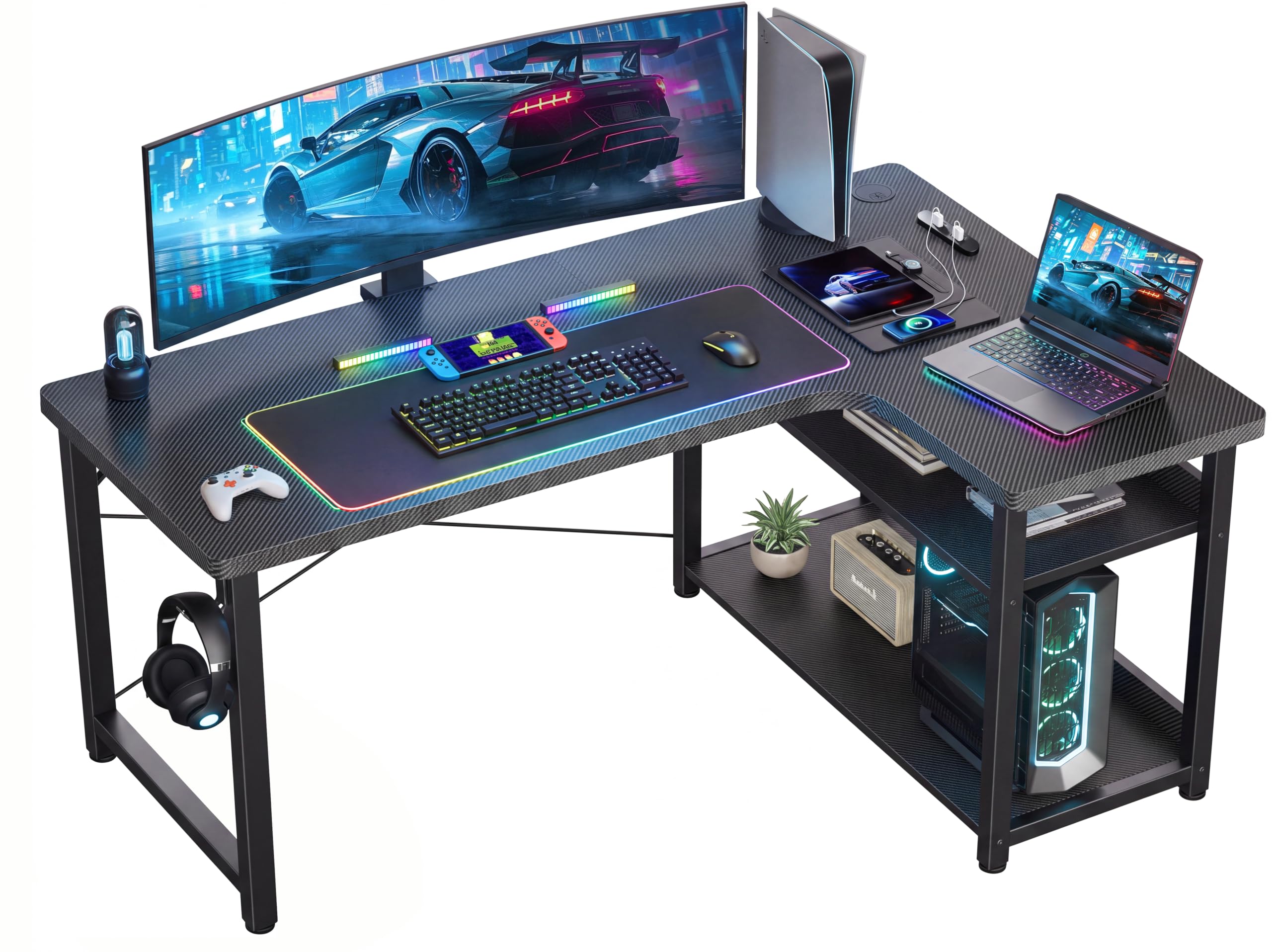 ゲーミングデスク パソコンデスク L字 カーボン調 コンセント Amazon | GTPLAYER ゲーミングデスク カーボン調 コンセント付き
