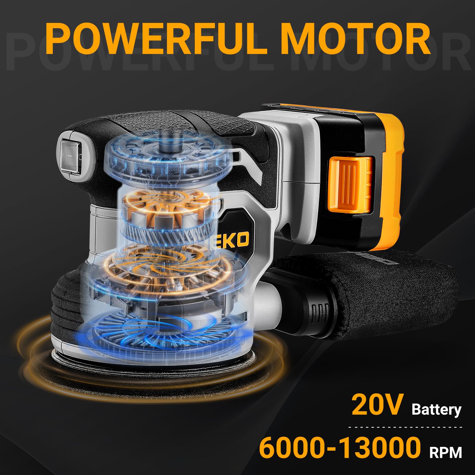 Levigatrice Orbitale a Batteria: DEKOPRO Levigatrice Rotorbitale con 1 Batteria 2000mAh, Orbitale per Legno da 125 mm, 13000 RPM, con Sacchetto per la Polvere e 15 Fogli di Carta Vetrata