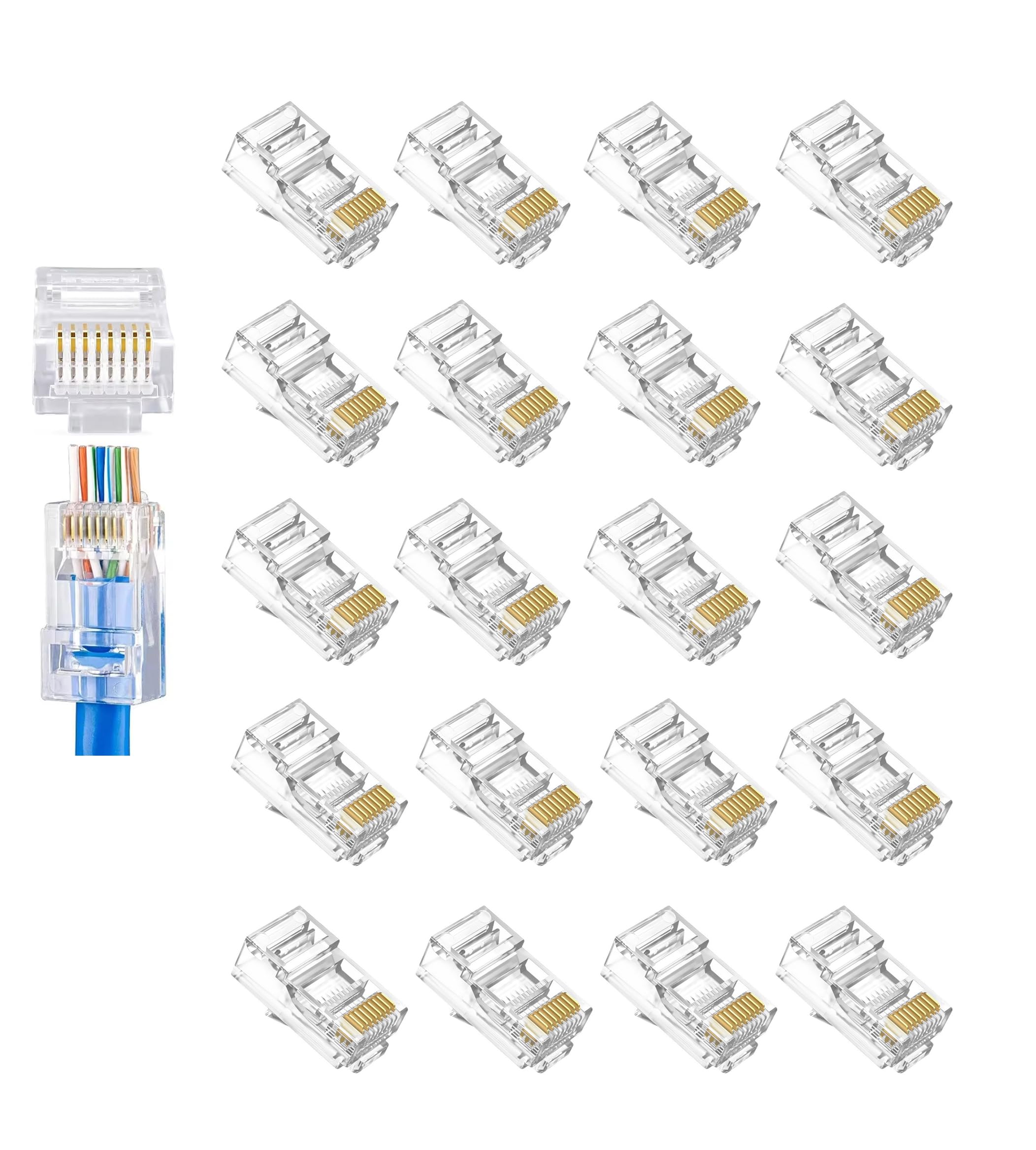 LANケーブル CAT6A 100M 自作キット - 8極接続 RJ45 コネクタ 20個入り | 金メッキピン 耐久性 | 透明PVC素材 配線確認可能 | LANケーブル CAT6 対応