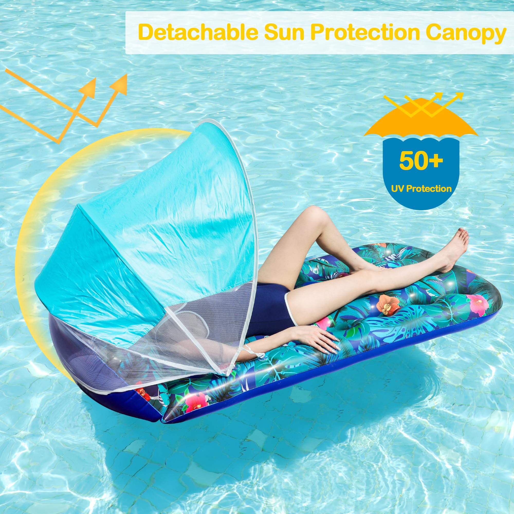 FindUWill Pool Floats with Canopy Adults - 2 Pack Large Pool Lounger Float with Headrest, Shade, Inflatable Pool Float Raft for Sunbathing Water Lounge Floaties Pool Parties