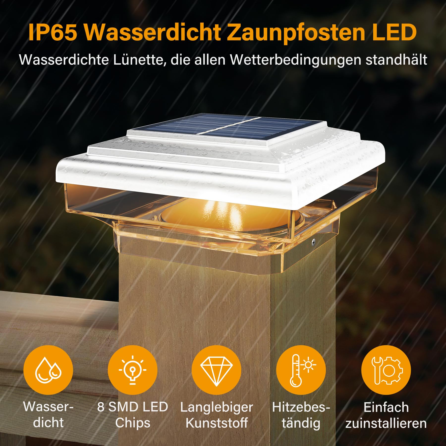 Kefflum Paallamp op Zonne-energie, LED Zuillamp voor Buiten, IP65 Waterdicht, 8 LEDs voor Houten Palen, Patio en Hekverlichting
