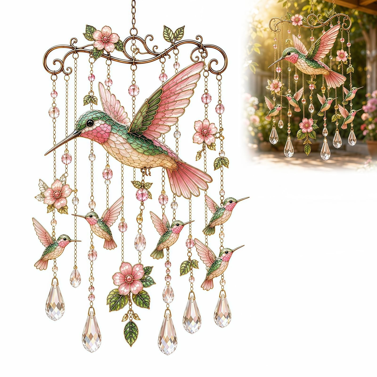 Hummingbird Wind Chimes Outdoor - Shatterproof Acrylic Suncatcher Garden Ornaments With Rainbow Prism Drops - Memorial Gardening Gifts For Women, Mum, Grandma & Nature Lovers