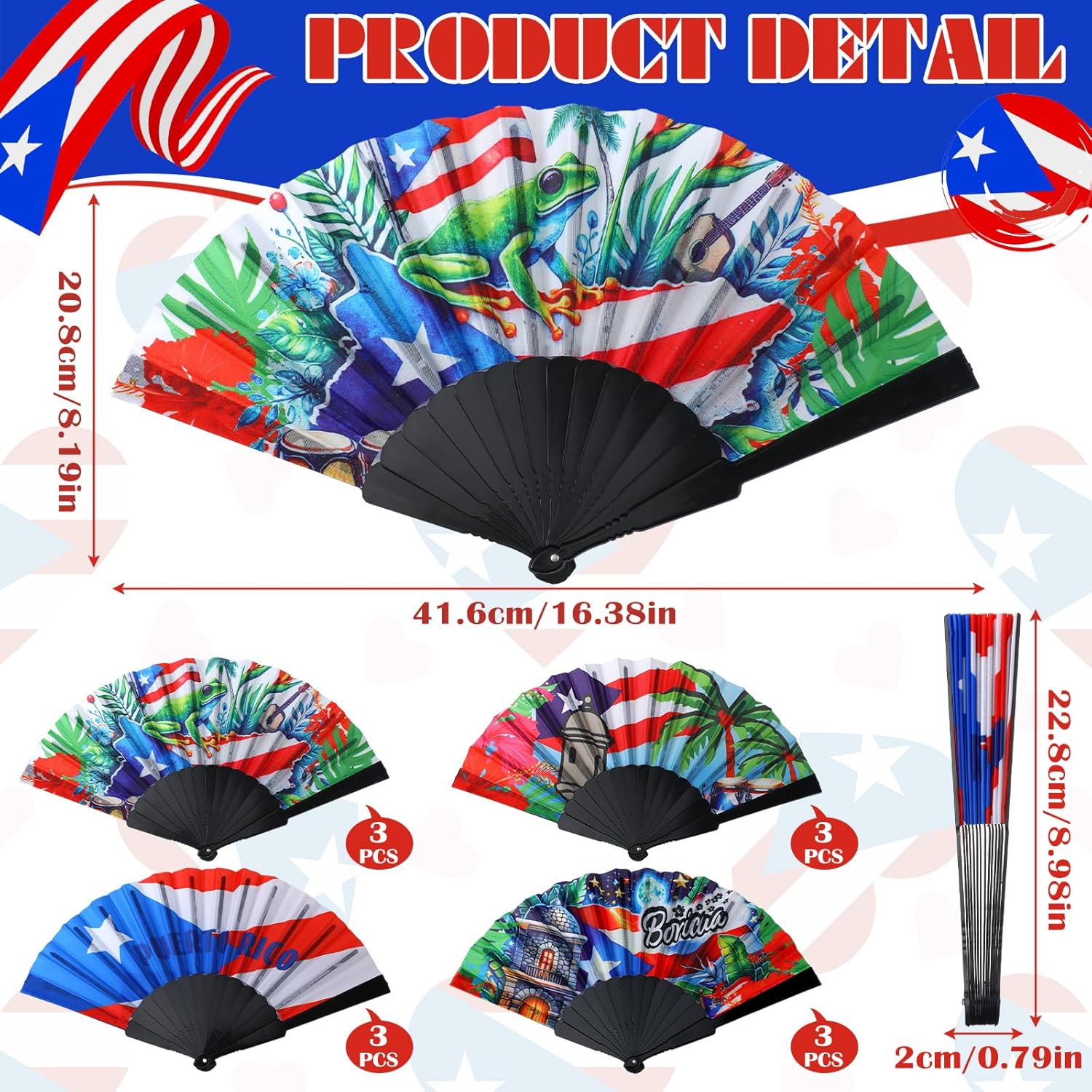 Puerto Rican Gifts Fabric Puerto Rico Flag Hand Fans Bulk Tropical Island Flag Backdrop Night Moon Castle Flowers Caribbean Culture Handheld Fan for Rico Party Decoration(12 Pcs,Classic)