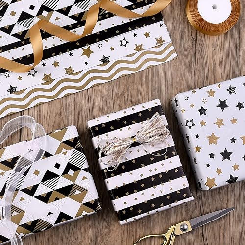 Miniatura 3 de PlandRichW Papel de regalo plegado negro, blanco y dorado, diseño mate, estrellas, rayas, ondulaciones, cuadros para cumpleaños, Navidad,