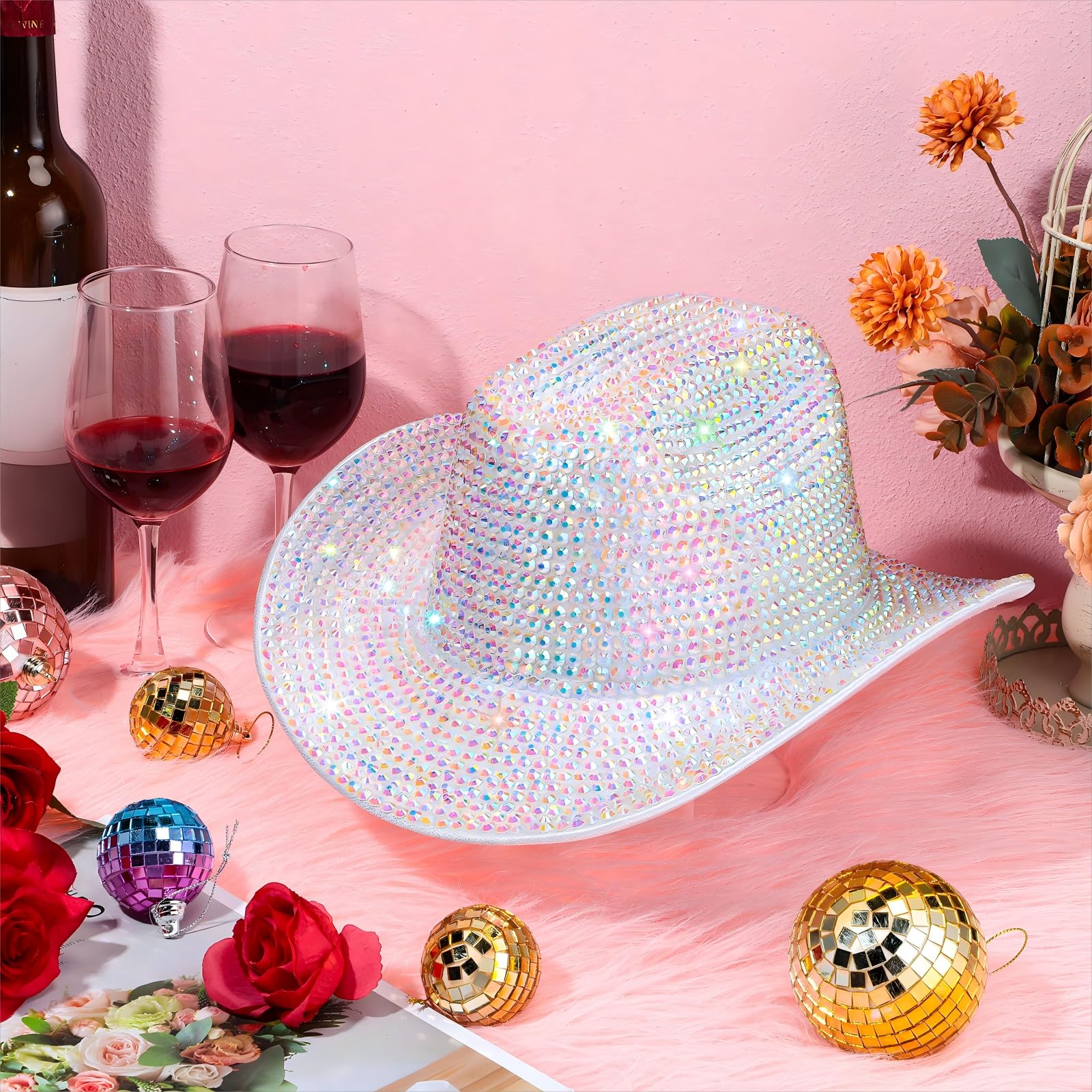 Hercicy Rhinestone Cowboy Hat with Diamond Fringe Bling Cowgirl Hat With Western Wide for Cosplay Wedding(White,Vivid)