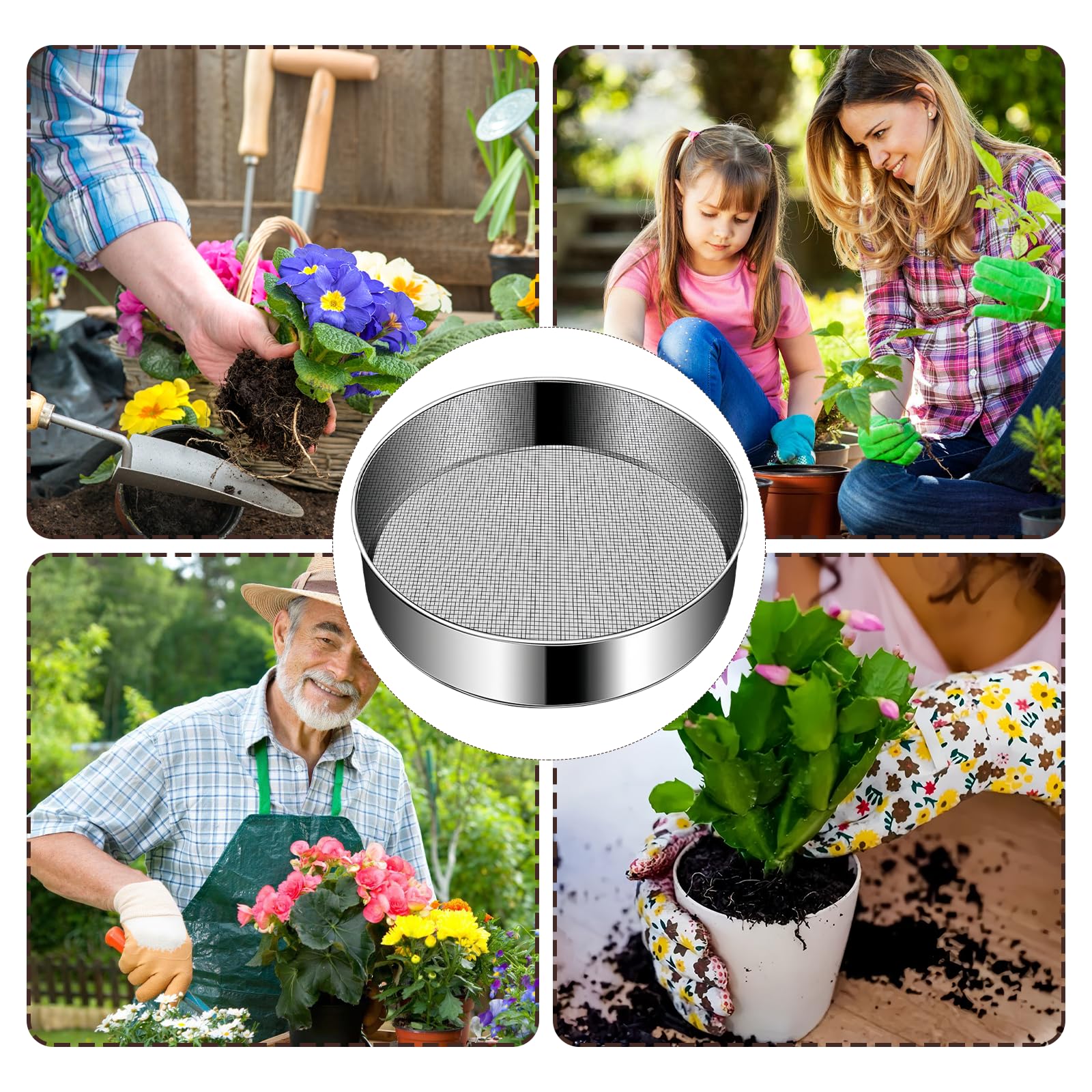 Tamis De Jardin Rond,20 Cm Tamis De Jardin En Acier Inoxydable Avec 5 Tailles De Tamis Interchangeables 3/6/9/10/12 MM Et Une Pelle,Tamis A Compost En Acier Inoxydable,Tamis De Jardinage Pour Terre