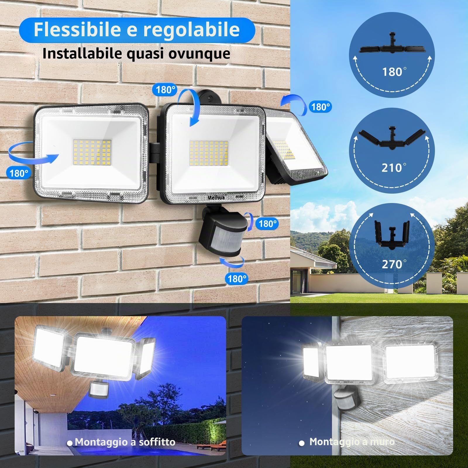 MEIHUA 70W Faretto con Sensore di Movimento 700-6850LM 10 Luminosità 4 Modalità Timer 6500K Bianca Fredda IP66 Impermeabile con Telecomando Fari LED Interna ed Esterna per Giardino Cortile Garage