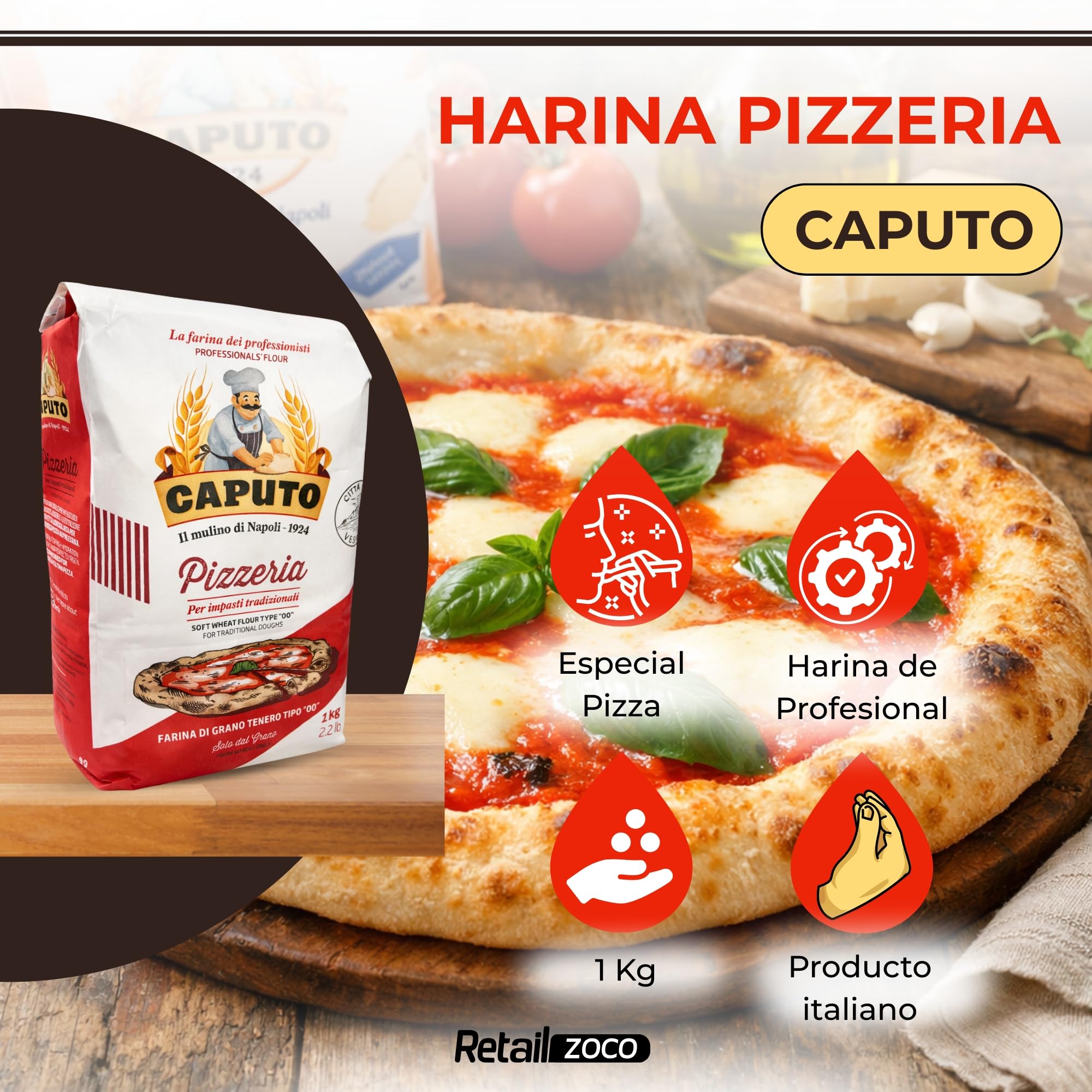 Harina Caputo Pizzeria, Origen Italiana, ideal para masas de alta hidratación, ligera y perfectamente levada, Recomendado para la clásica pizza napolitana, Tipo Harina 00, Contiene 1 unidad de 1 Kg - imagen 2