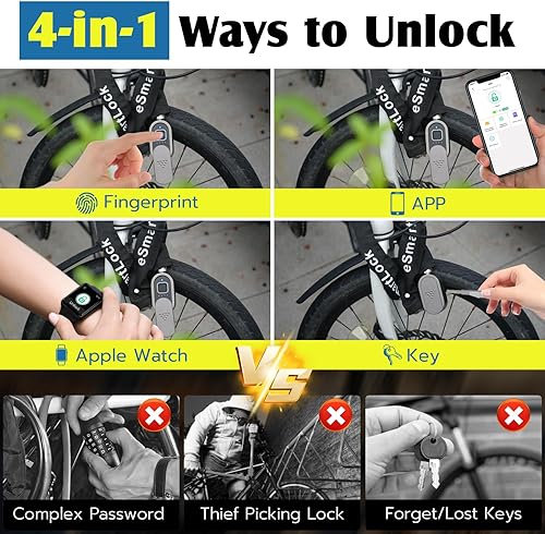 Miniatura 2 de Eseesmart Cerradura de cadena de bicicleta con huellas dactilares con llaves, cerradura de cadena de bicicleta antirrobo resistente, 3.28 pies de