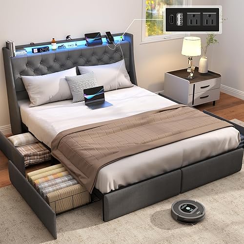 Miniatura 15 de SADENICEL Base de cama Queen con cabecera de almacenamiento y 2 cajones, plataforma de base de cama de metal tamaño Queen con luz LED, estación de