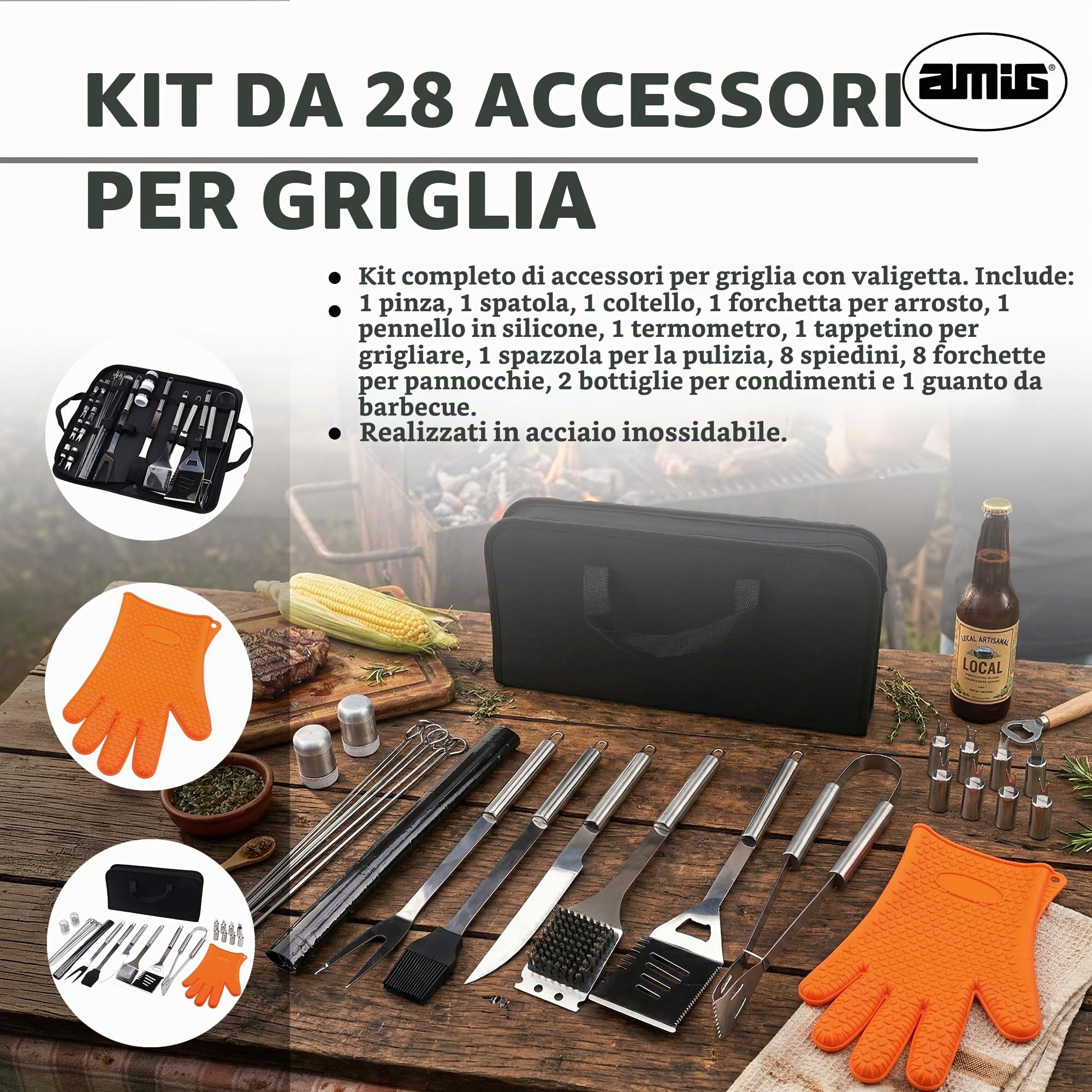 Amig - Kit 28 Accessori per Barbecue - 39 x 19 x 6 cm - Acciaio Inossidabile - Set Completo di Utensili - Accessori Pratici e Presentazione Curata per Regalo - Mod. AM18