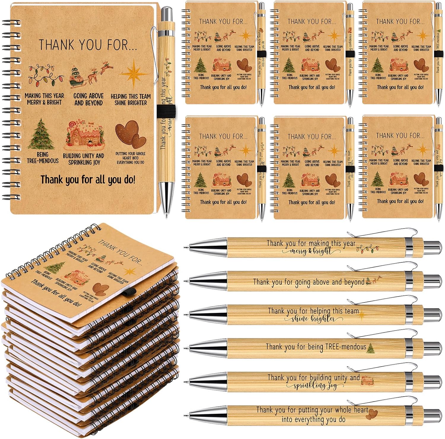 Tenceur 36 Sets Christmas Coworkers Appreciation Gifts Office Christmas Party Gift for Employee Spiral Kraft Notebooks with Bamboo Ballpoint Pens Holiday Stationery Bulk for Team Group Staff Party