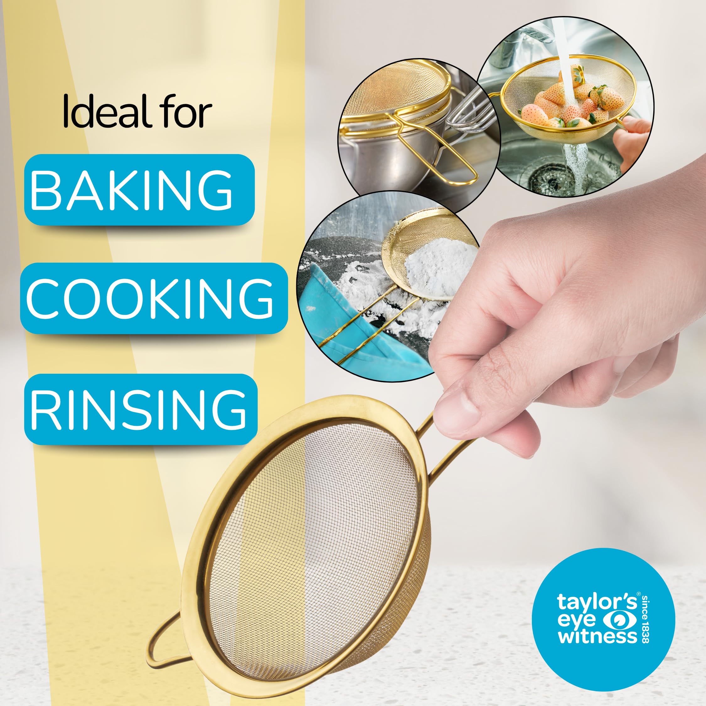 Heavy-Duty 14cm Gold Colour Sieve, Fine Mesh Strainer with Extra Grip Handle - Image 3