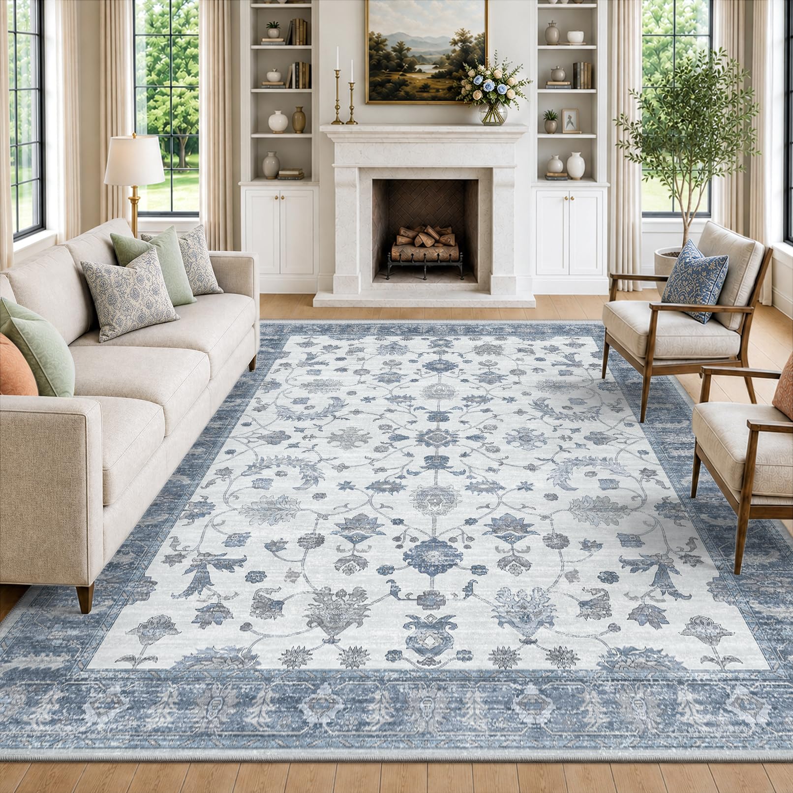 INOVADAY Washable Rug Living Room 200x300cm Non Slip Low Pile Vintage Boho Area Rug for Hall Lounge Bedroom Kitchen Office Dining Room Indoor Hallway Blue โ image 1