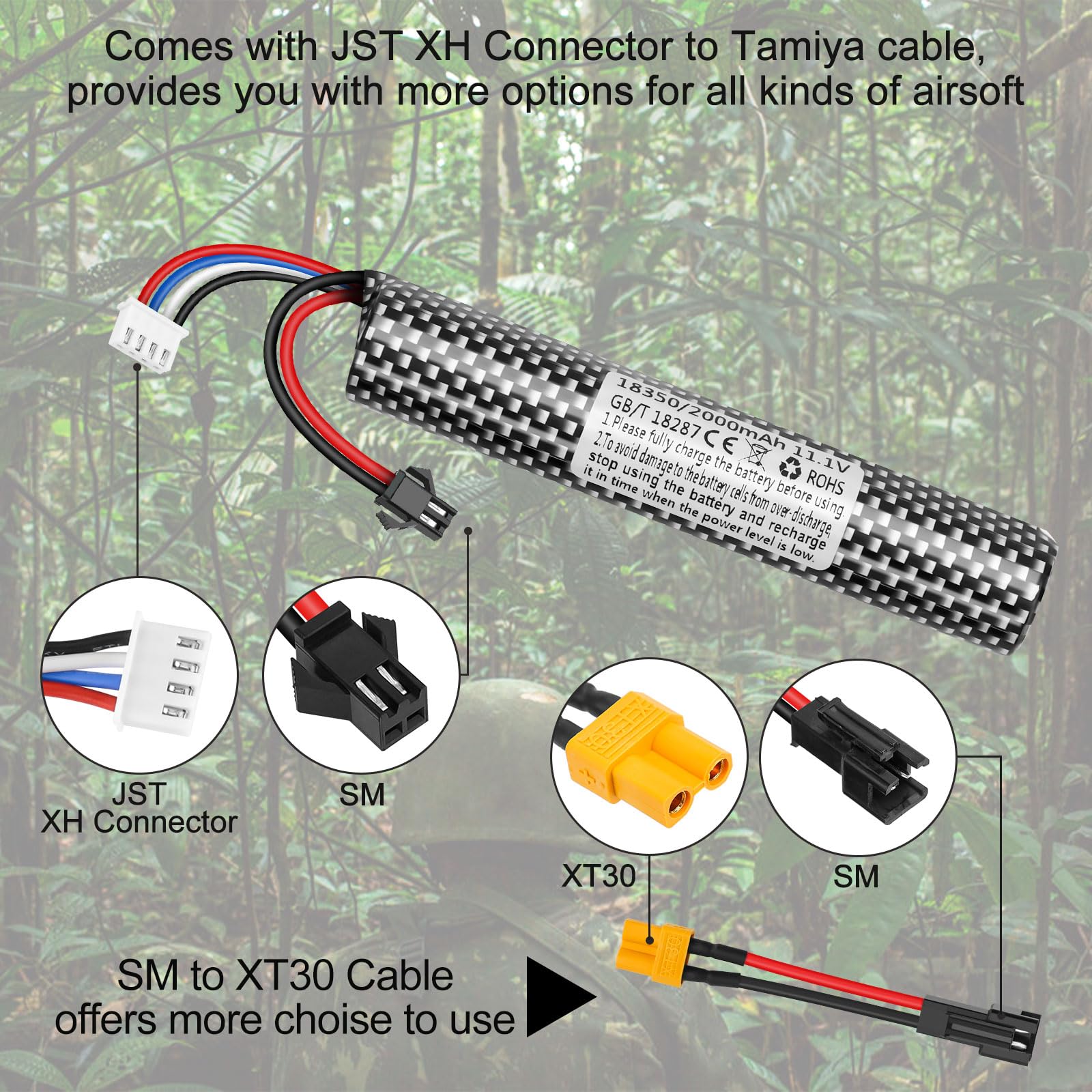 Crazepony Airsoft Lipo Battery 11.1V Rechargeable 3S Lipo 2000mAh Battery for Splatter Ball with 3S Charging Cable and SM-2P Plug to Mini Tamiya Connector/XT30 Switch Cable for Water Bead Blaster