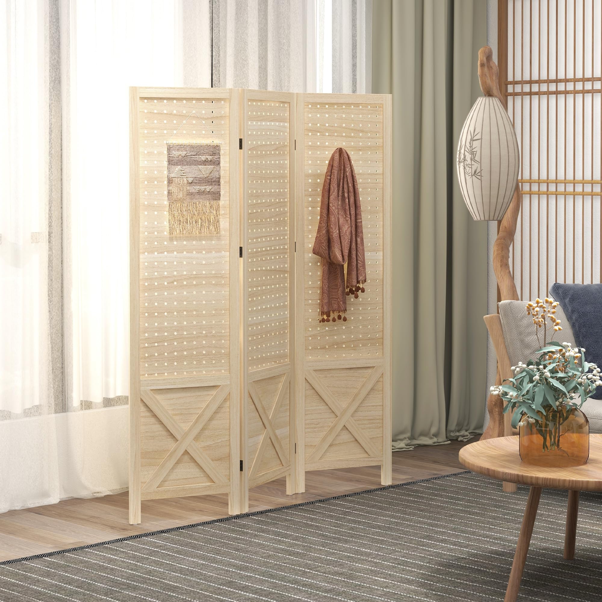 HOMCOM 3 pannelli divisorio con pegboard 1,4m naturale | Schermo in legno pieghevole per privacy, divisorio a parete per ufficio domestico